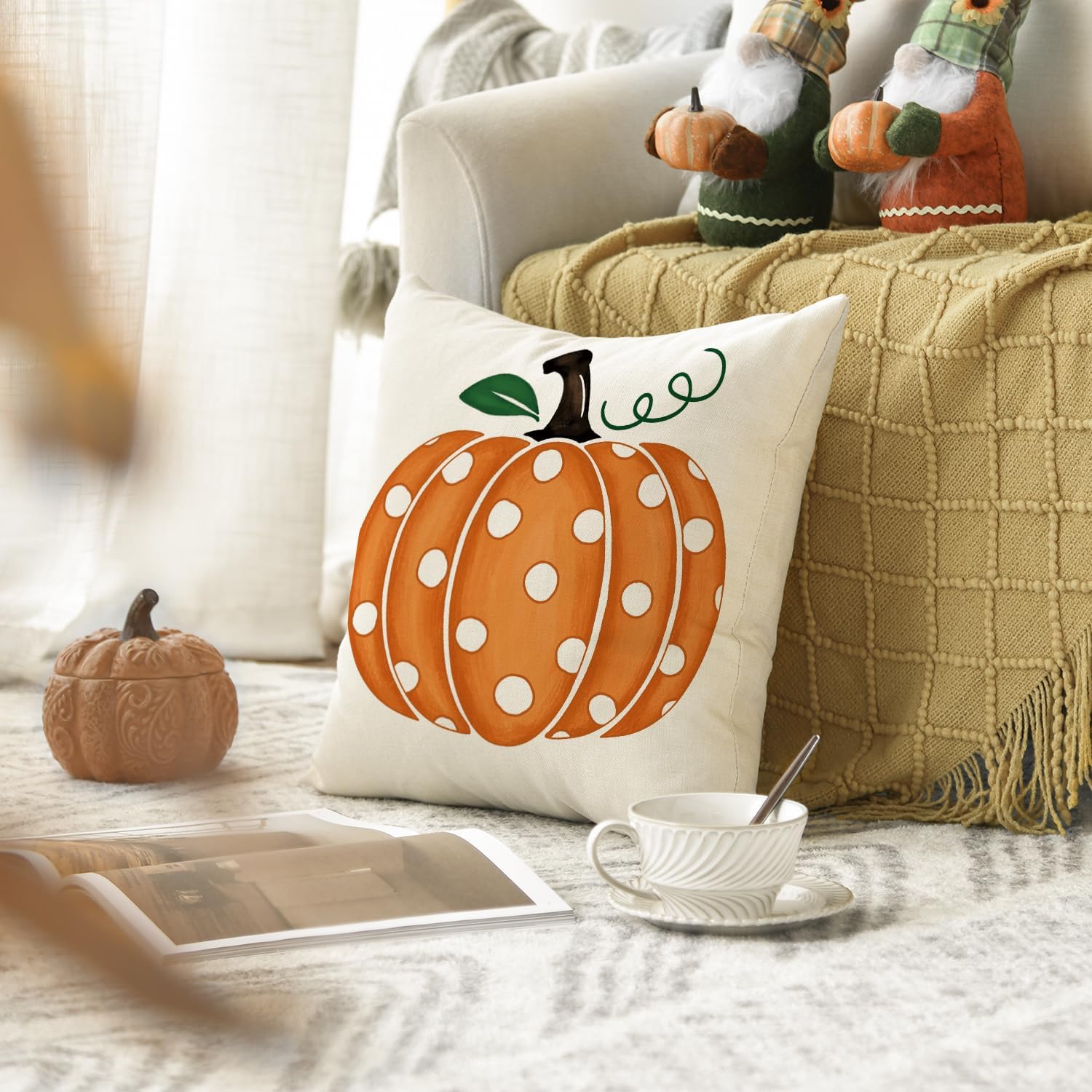 AVOIN colorlife Fall Polka Dots Pumpkin Throw Pillow Cover 18x18 Inch, Seasonal Autumn Thanksgiving Harvest Decoration for Home Sofa Couch image 4