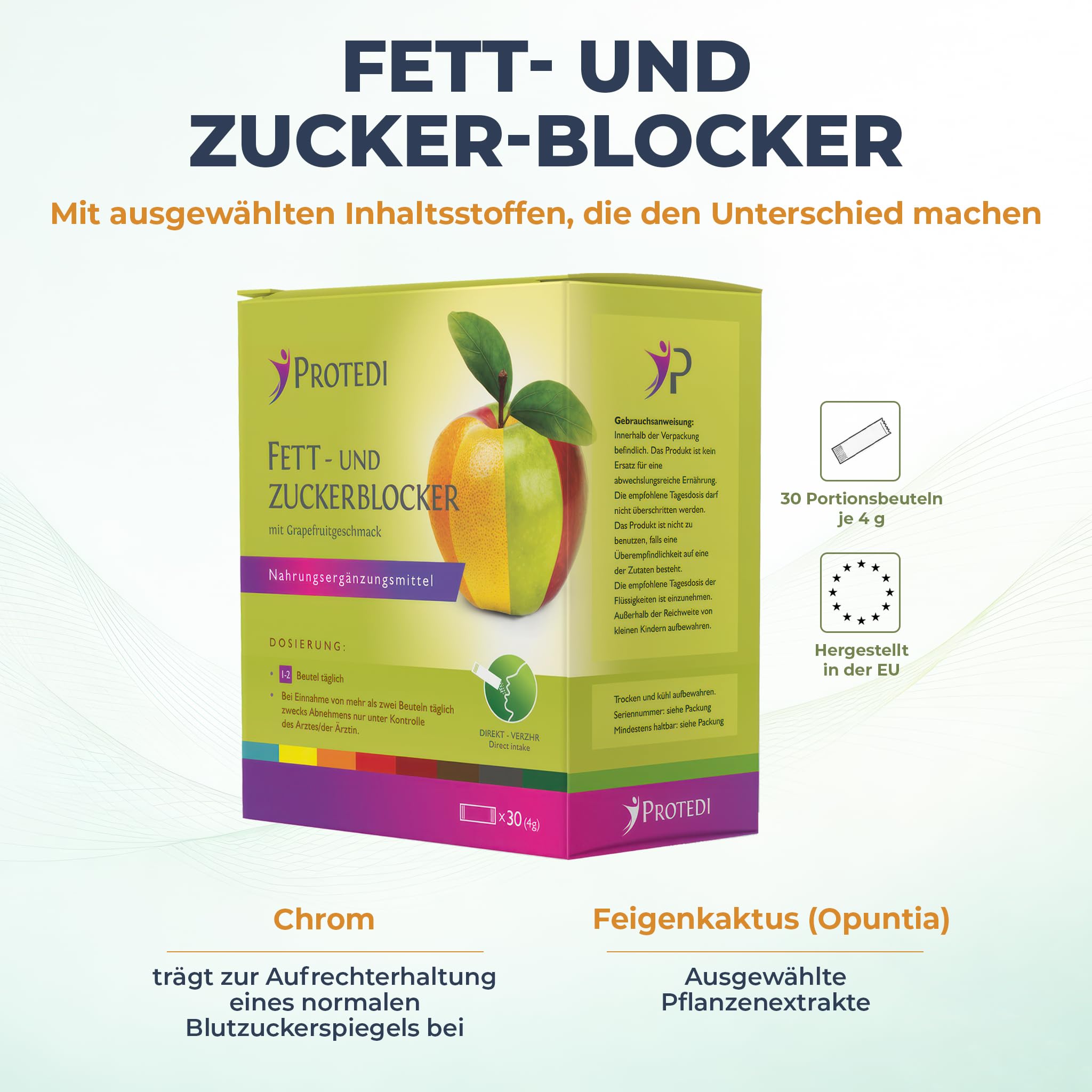 Protedi-Ketoglyc Fett- und Zucker-Blocker mit Chrom & Feigenkaktus (Opuntia) – Direkt-Pulver in 30 Portionsbeuteln – ohne Wasser einnehmbar – für mehr Kontrolle rund um die Mahlzeiten