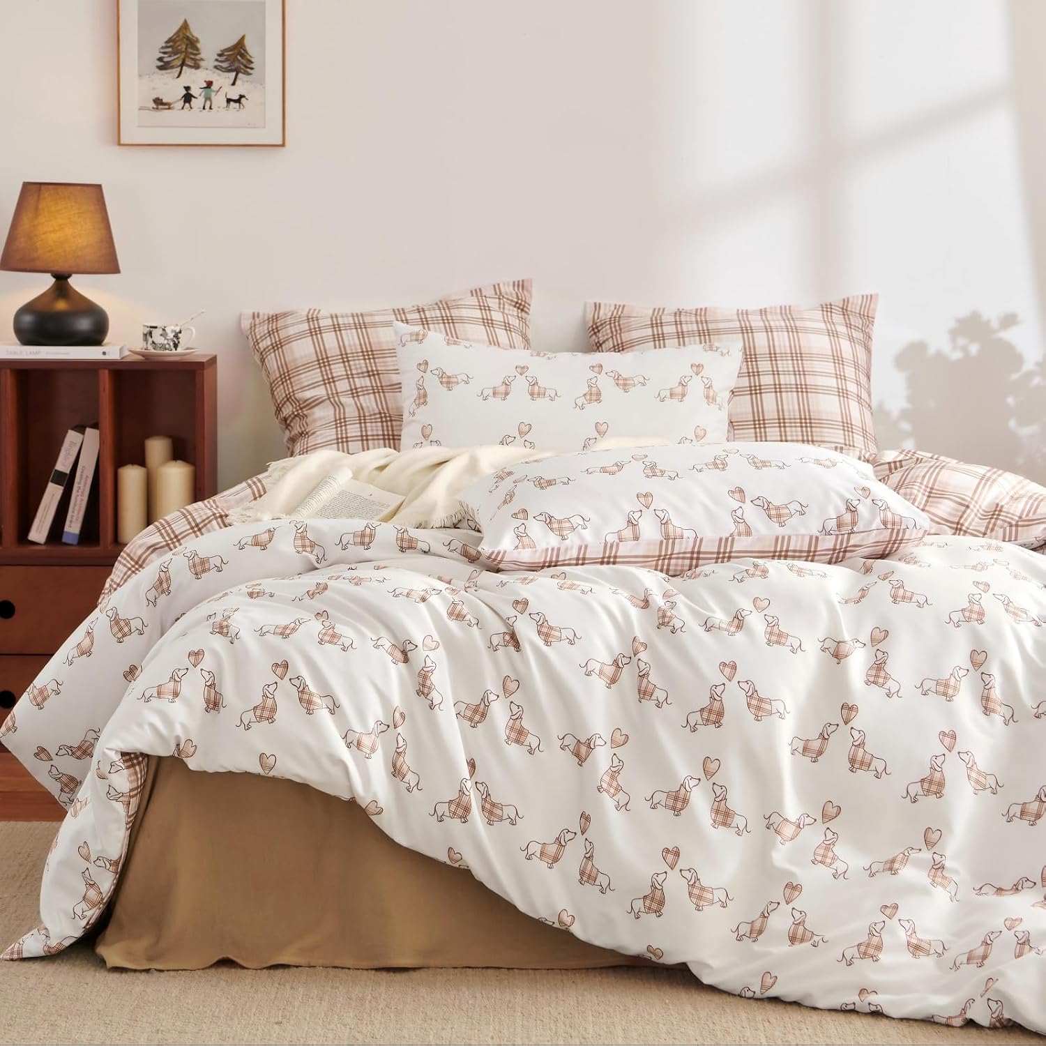 Checked Hearts Dachshund White Khaki