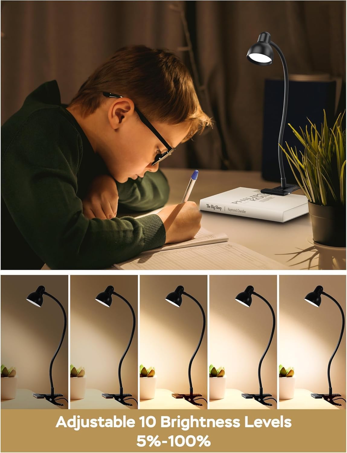 Clip on Light Reading Light for Bed 3 Color Modes 10 Dimmable Brightness Eye Care Clamp Desk Lamp 360° Flexible Desk Book Light for Reading Bed Headboard Computer Black