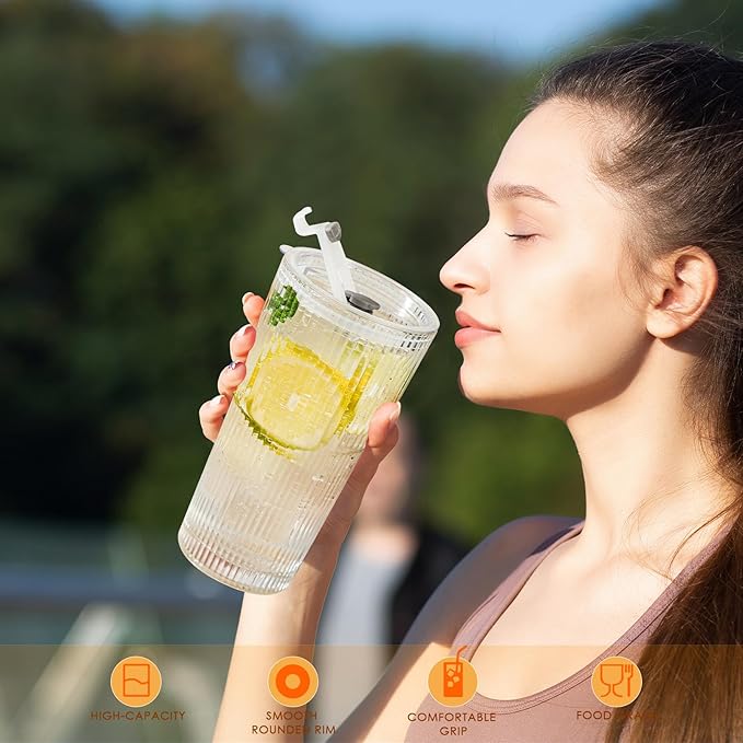 Set de 4 Vasos de Vidrio Ribeteados de 20 oz con Tapas y Sorbetes miniatura 7