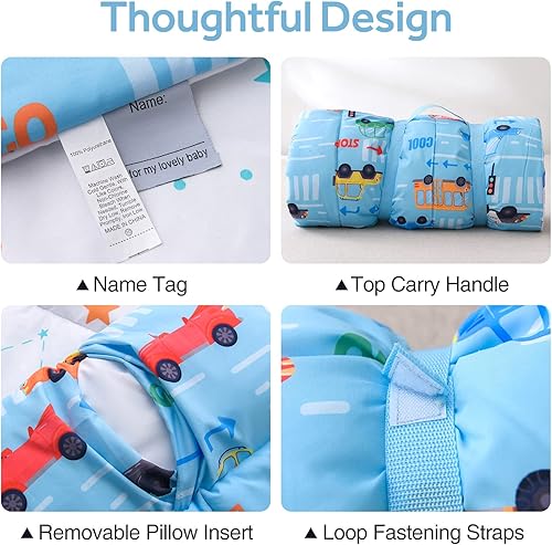 Miniatura 4 de A Nice Night - Tapete para siesta con almohada extraíble para niños pequeños, guardería, preescolar, jardín de infantes, autos, grúas y camiones,