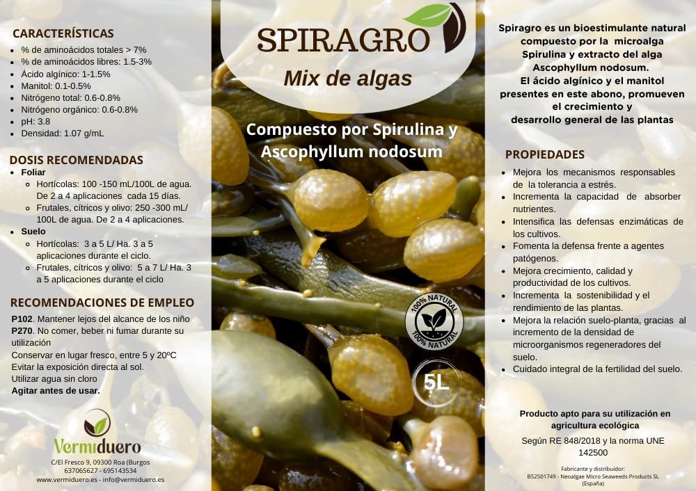 Fertilizante Spiragro Mix Algas, Nutrición Equilibrada con Spirulina y Ascophyllum nodosum, Sostenible (5L)
