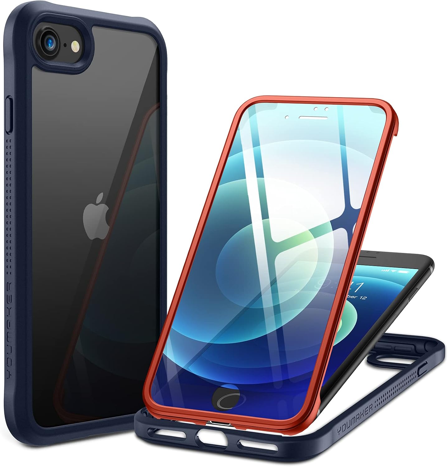 YOUMAKER Janus Designed for iPhone SE 2020 Case/iPhone 8 Case/iPhone 7 Case with Built-in Tempered Glass Screen Protector & Anti-Scratch Clear Back Full Body Slim Fit Protective Case 4.7 Inch-Blue