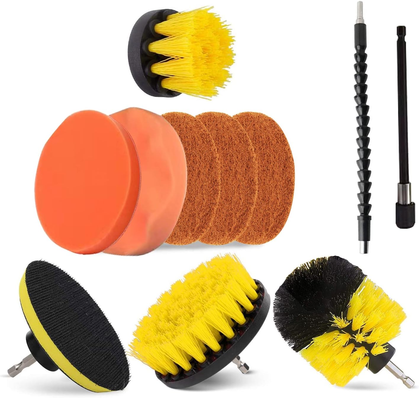 11 Pieces Drill Brush Attachment Set for Cleaning - Power Scrubber Brush Pad Sponge Kit with Extend Attachment for Bathroom, Carpet, Car, Grout, Carpet, Floor, Tub, Shower, Tile, Corners, Kitchen…