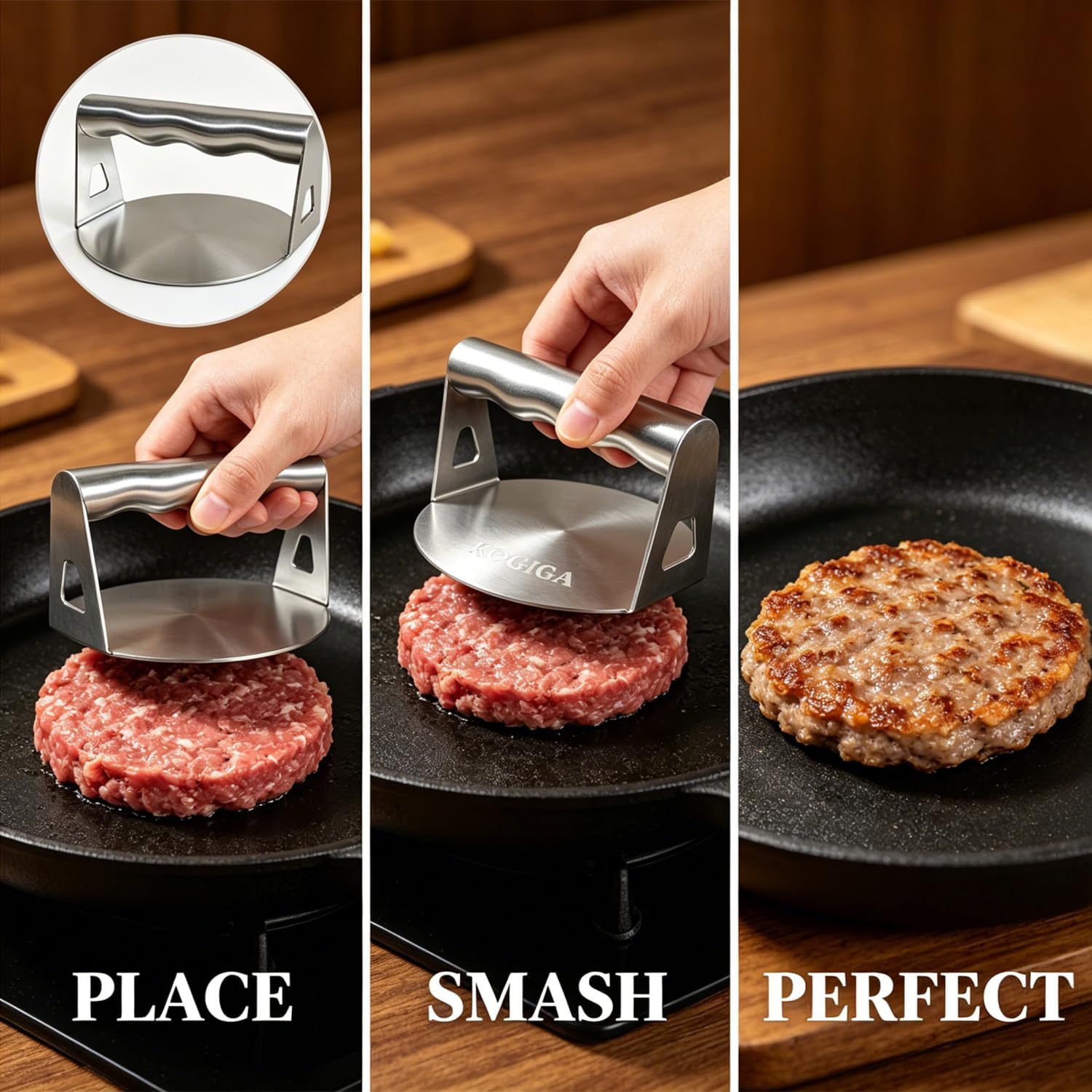 Smash Burger Press, Hamburger Smasher Tool for Griddle, Stainless Steel Meat Smasher with Ergonomical Handle Handle, 5.5" Round Grill Weight Press, for Cooking Beef Bacon Steak