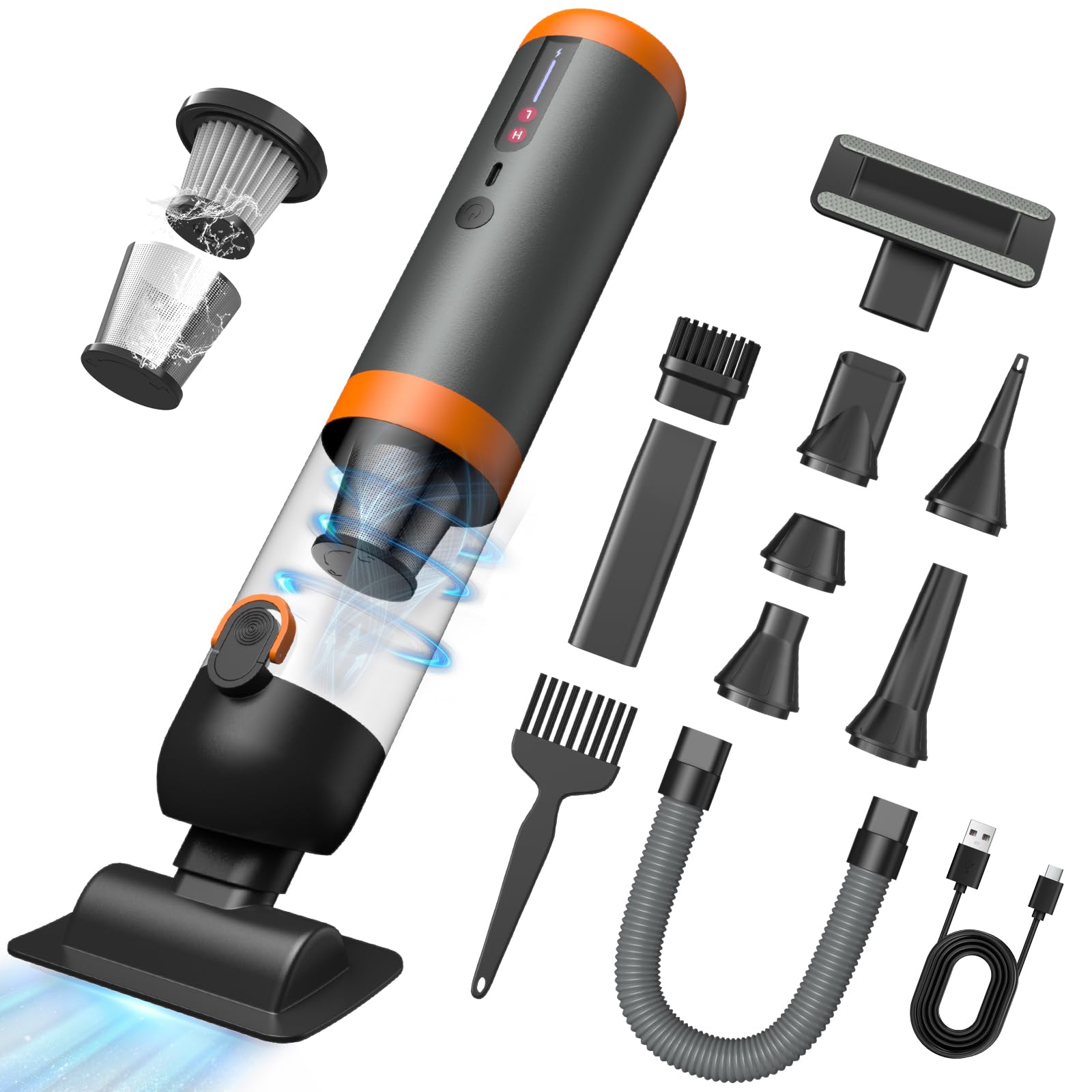 Aspirateur à Main sans Fil 4-en-1, 20kPa Aspirateur Voiture Puissant, Moteur sans Balai 87000 TR/Min, avec Affichage LED, 2 Modes de Succion, Aspirateur Compact pour Voiture, Bureau, Clavier & Maison