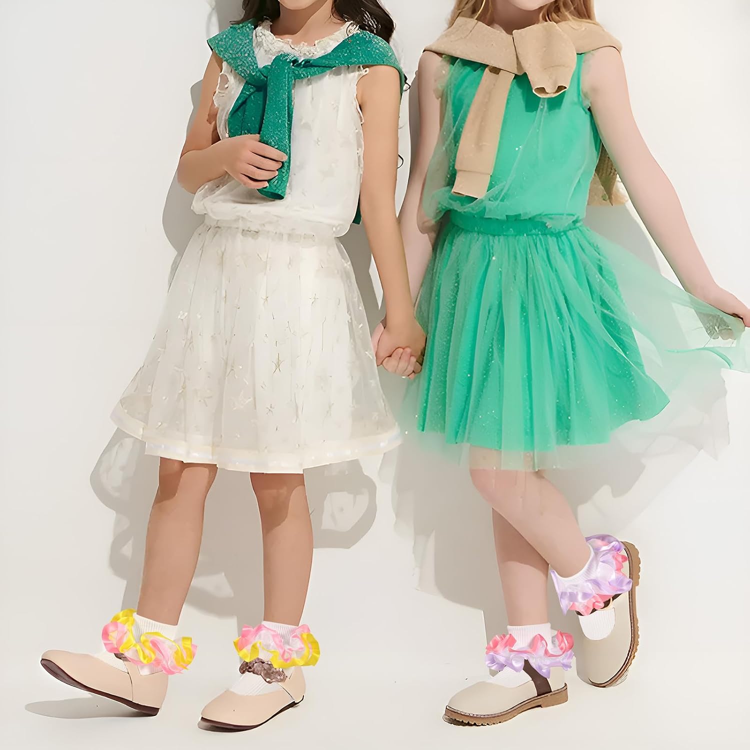 Toddler Girls Two Tone Lace Ruffle Socks Double Turn Cuff Frilly Fancy Dress Socks for Baby Girls 1T-3T/4T-6T/6-8T