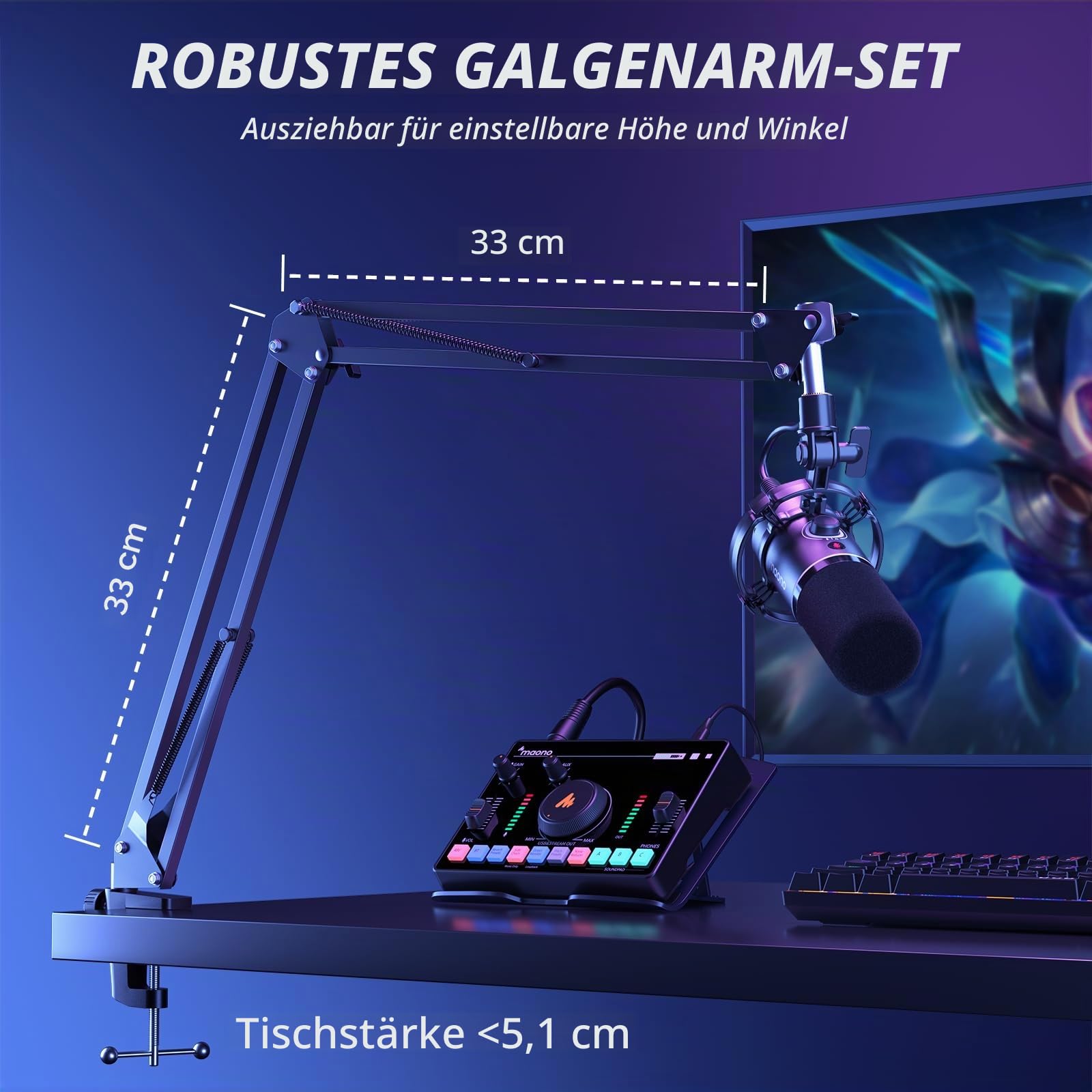 MAONO XLR/USB Dynamisches Mikrofon Set, RGB Podcast Mikrofon mit Arm, Software, Stummschalttaste, Gain-Regler, für PC Gaming, Streaming, Aufnahme, PS4/5 Mac Mixer usw PD200XS Schwarz