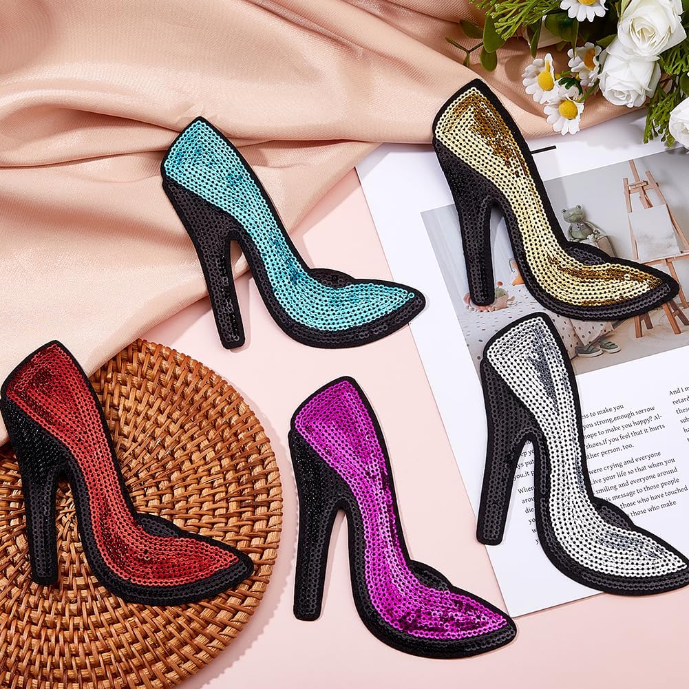 SUPERFINDINGS 5 Pairs High Heel Embroidery Patch Iron On Sew On Patches Handmade Polyester Cloth Applique Embroidered Lady’s Shoes Glitter Patches for Bag Dress Jackets Cloth Backpack