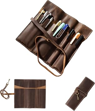 Genuine Leather Pencil Roll - Pen and Pencil Case,3 Open-End Pockets for Long Pens, Sturdy Strap, Fold-over Flap coffee