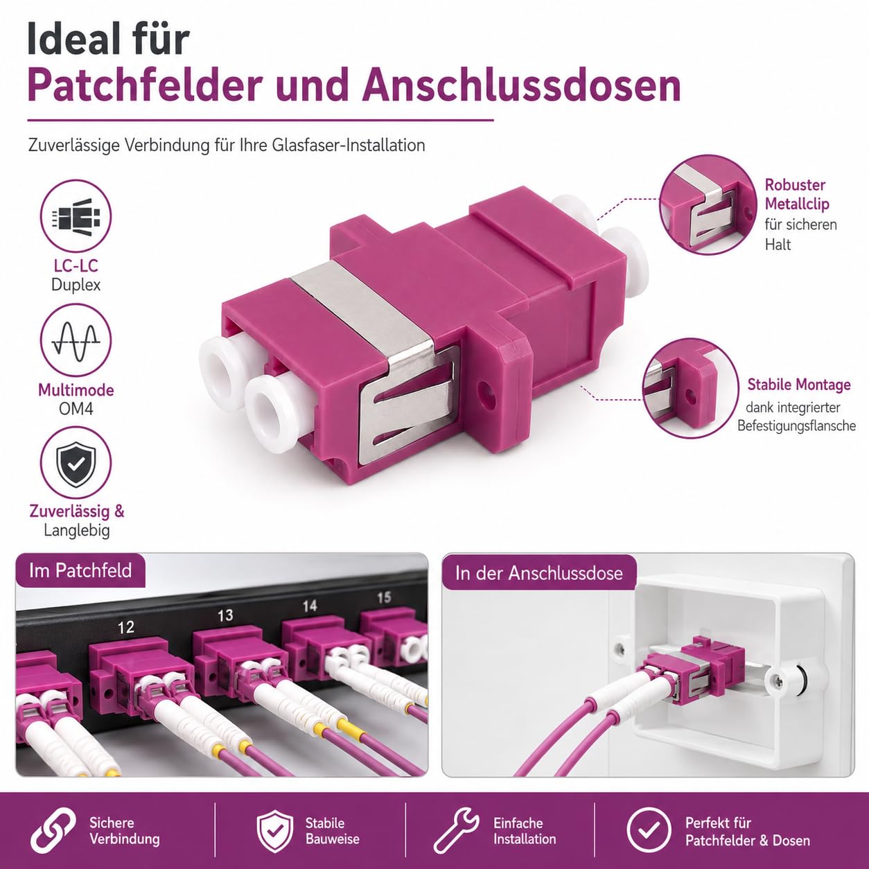 3 connettori Keystone fibra ottica OM4 LC Duplex femmina multimodale viola