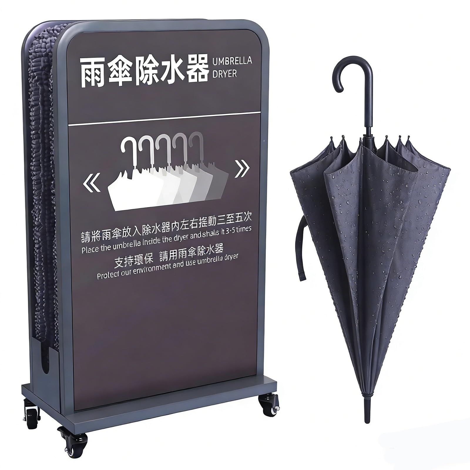 JYBNBBE Umbrella Dryer Stand with Removable Water Tray, Double-Layered Rainwater Absorbing Rack on Wheels, Drip Catcher for Hotels & Malls,L