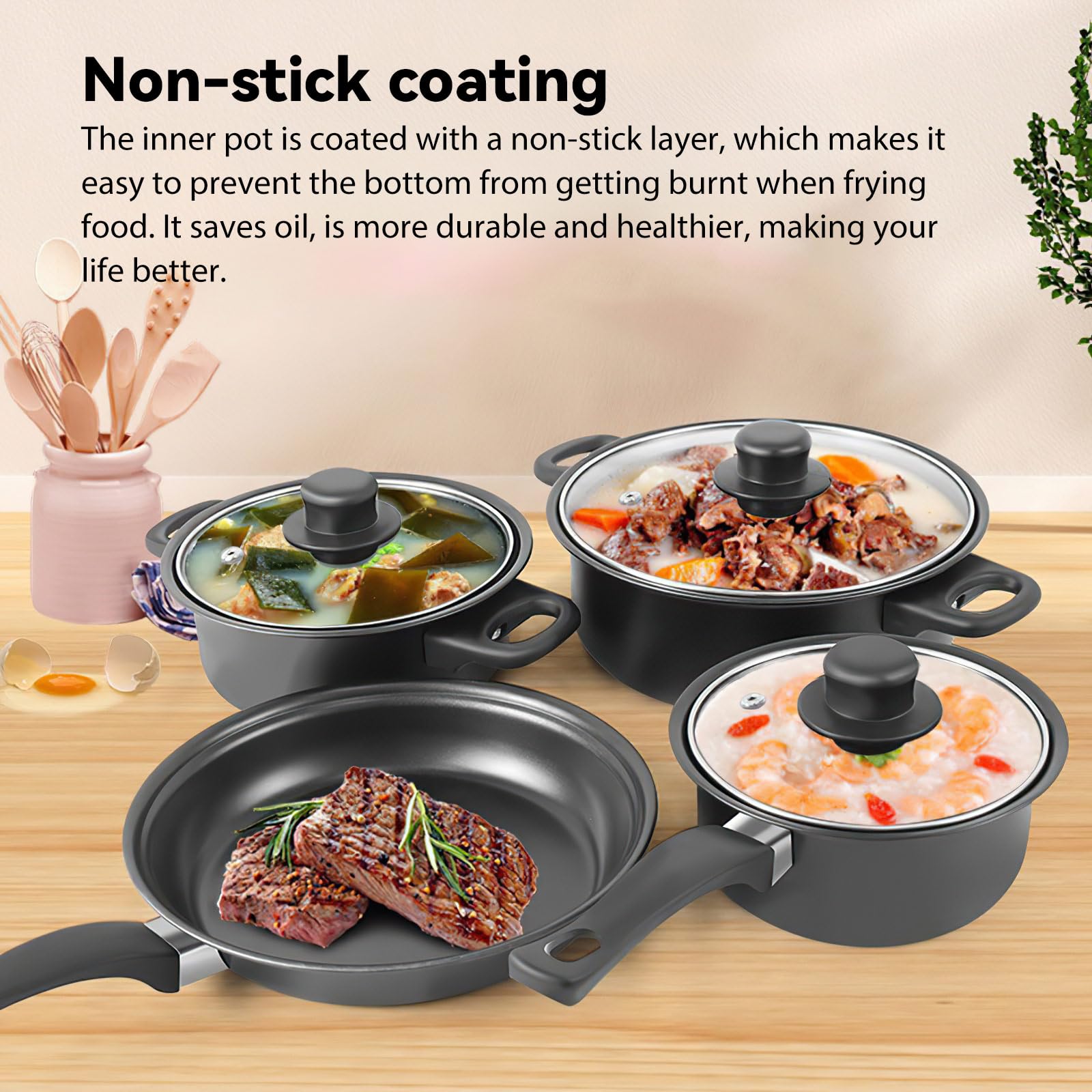 Batterie Cuisine,Casserole et Poêle Induction 13 Pcs Antiadhésives (13PCS) | Poêle Profonde avec Couvercles(16/18/22cm),Poêle à frire 22cm,6pcs cuillères,Poignée Amovible,Compatible Tous Feux