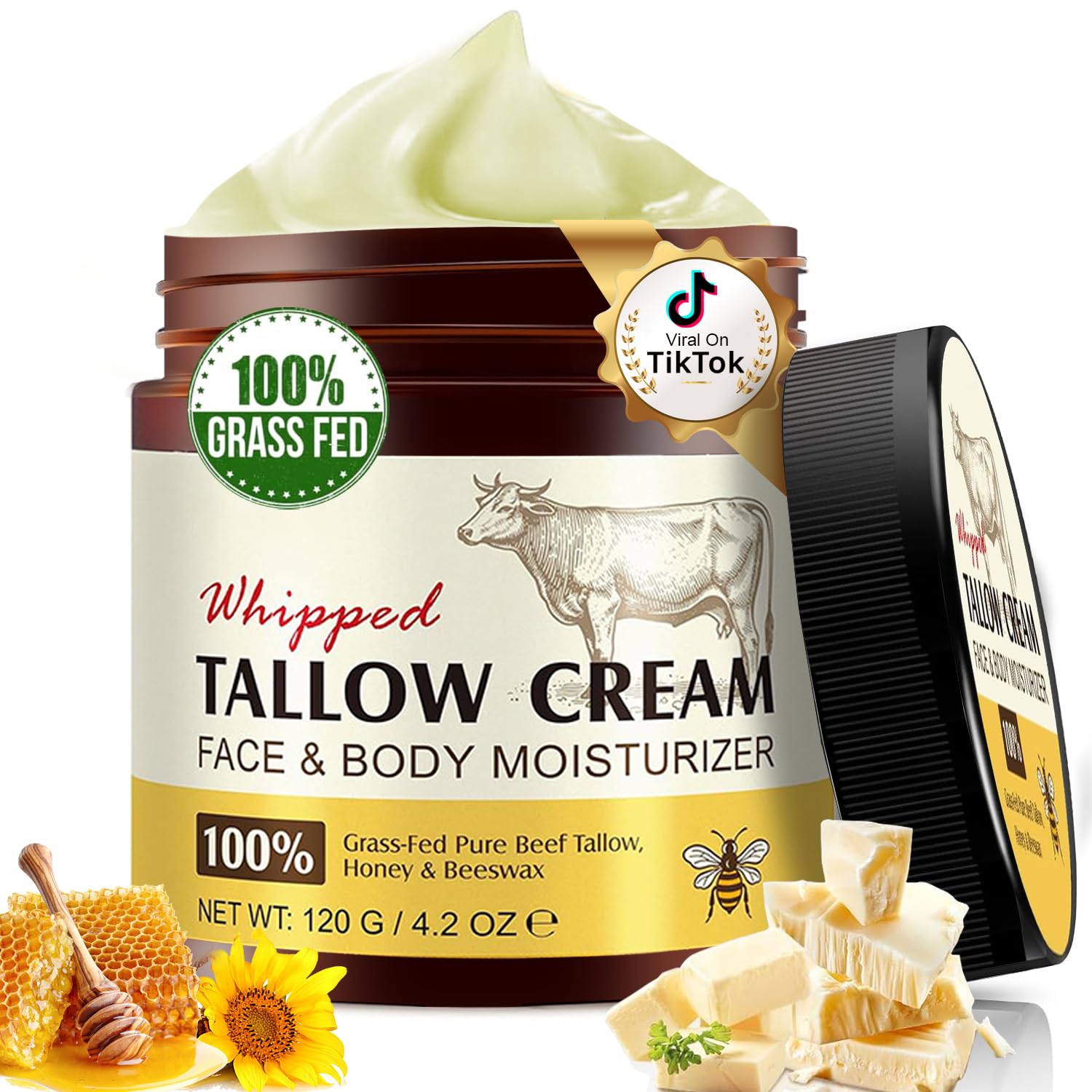 Beef Tallow Skin Care 120 g, Tallow and Honey Balm for Face & Body-100% Grass-Fed Beef Tallow