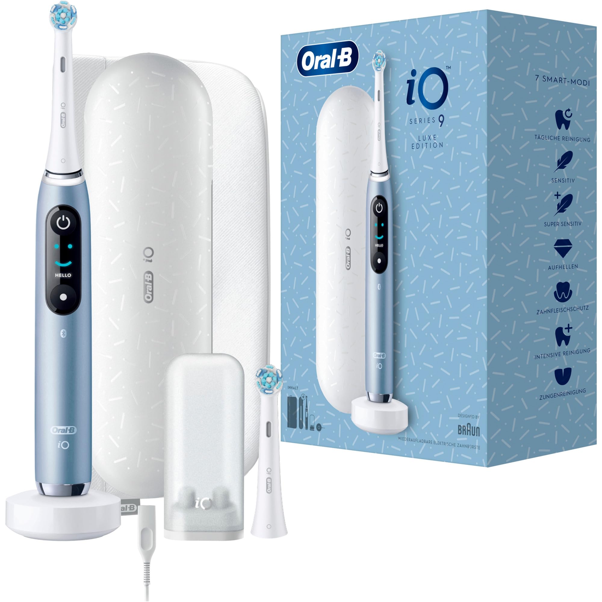 Oral-B iO Series 9 Luxe Edition - Cepillo de dientes eléctrico, 7 modos de limpieza, cuidado dental, pantalla a color, estuche de viaje y bolsa de belleza, azul marino