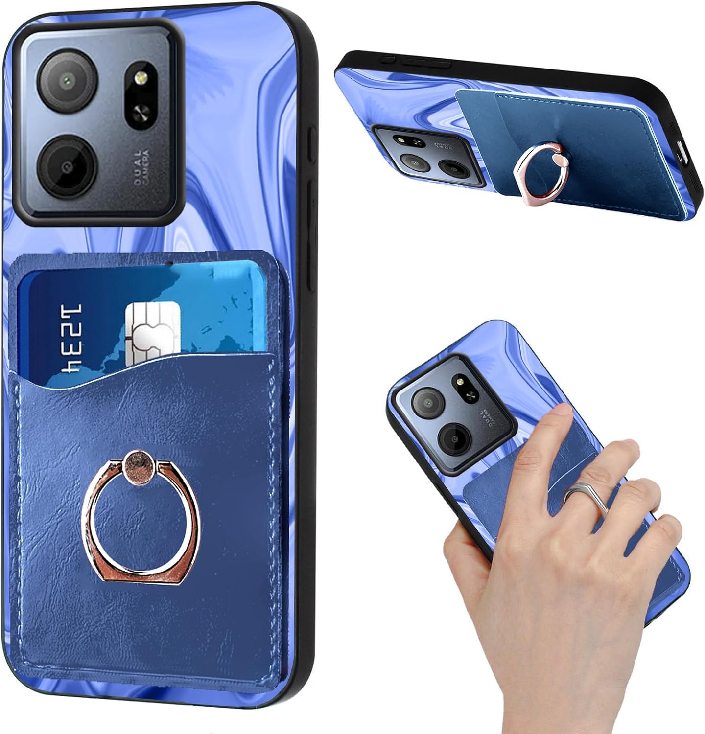 TPU Case for Consumer Cellular IRIS Connect II/Cellular Speakeasy Smart Cover [2In 1 Wallet Case Back Card Holder Kickstand] Art Blue-Navy Wavy Pattern with Built-in Ring Finger Protective