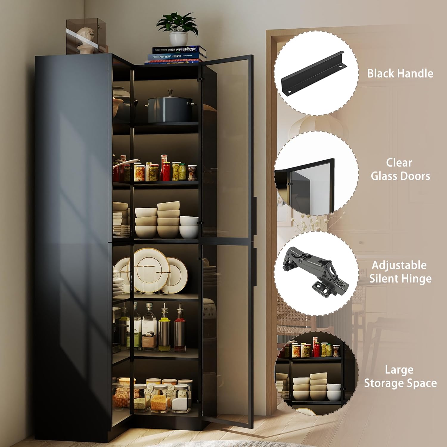 Corner Bookcase with Glass Doors: 79" Black L Shaped Bookshelf with 4 Doors,Tall Corner Bookcases with Led, 6 Tier Wooden Book Shelf for Living Room (Black)