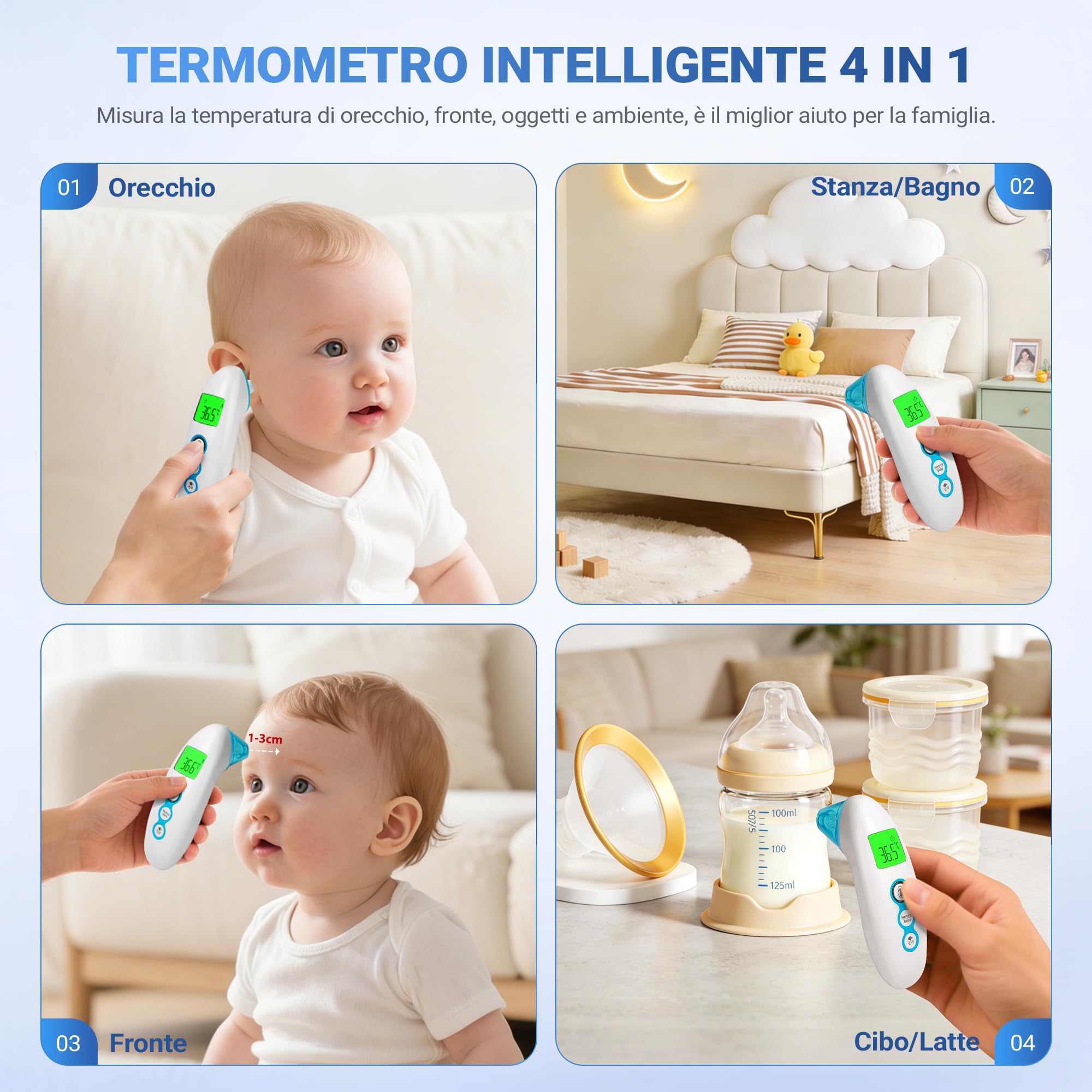 BESTEK Termometro Febbre Doppia Modalità (Frontale/Auricolare),Termometro Neonato per Oggetti, Termometro Digitale Ambiente e con Funzione Neonato 0-36 Mesi