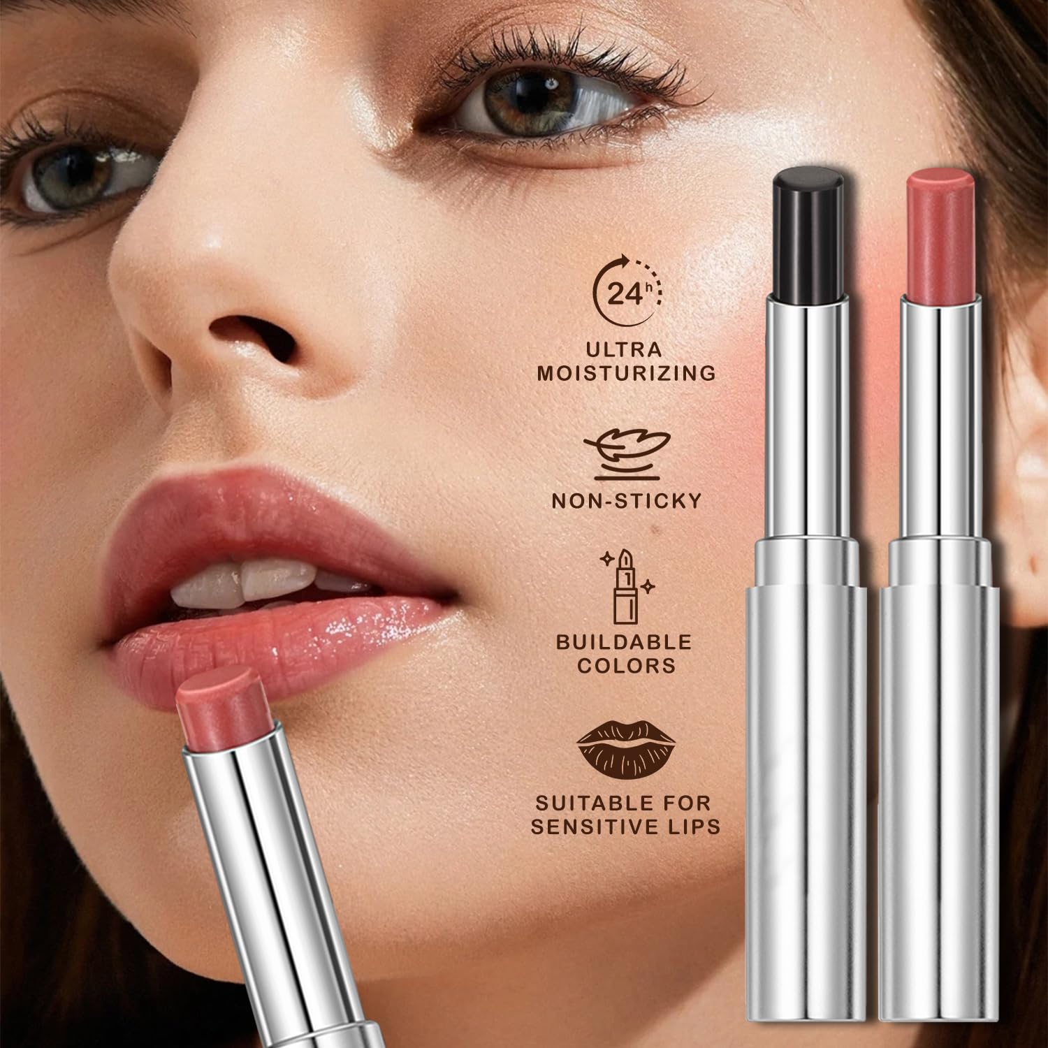 2PCS Honeynoir-Pink Honey Lipstick, Moisturizing Lip Color, Nourishing Lip Balm, Honey Noir Lipstick Suitable for All Skin Tones, Natural Lip Care, Long-Lasting Moisturization Non-Sticky