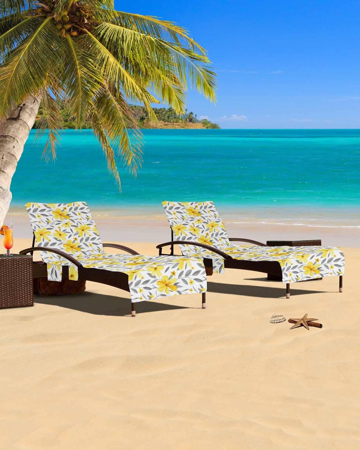Yellow Grey Flower Beach Pool Patio Lounge Chaise Chair Cover Towel With Pockets,Absorbent & Quick Dry Microfiber Towel Cover Bag Summer Accessories Abstract Aesthetics Country Rustic Chic Floral