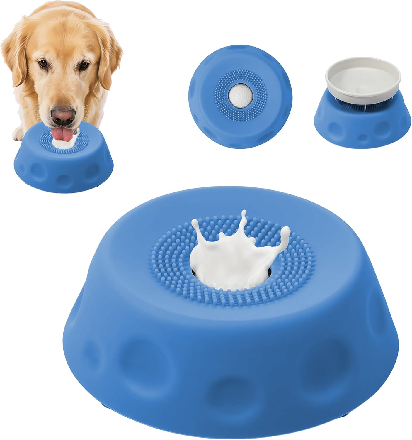 Dog Lick Bowl with Rolling Ball Detachable Silicone Slow Feeder Dog Bowls for Anxiety Relief 6.8 Inch Splash Proof Licking Bowl for Large Medium Small Dogs (Blue-2PCS)