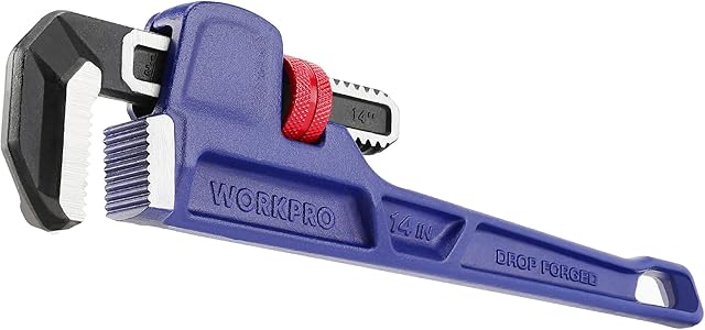 WORKPRO Pipe Wrench 14 inch / 350mm, Drop-Forged Heavy Duty Straight Plumbing Wrench, Adjustable Pipe Wrench with Large Jaw Width (Max. 70mm) and Scales