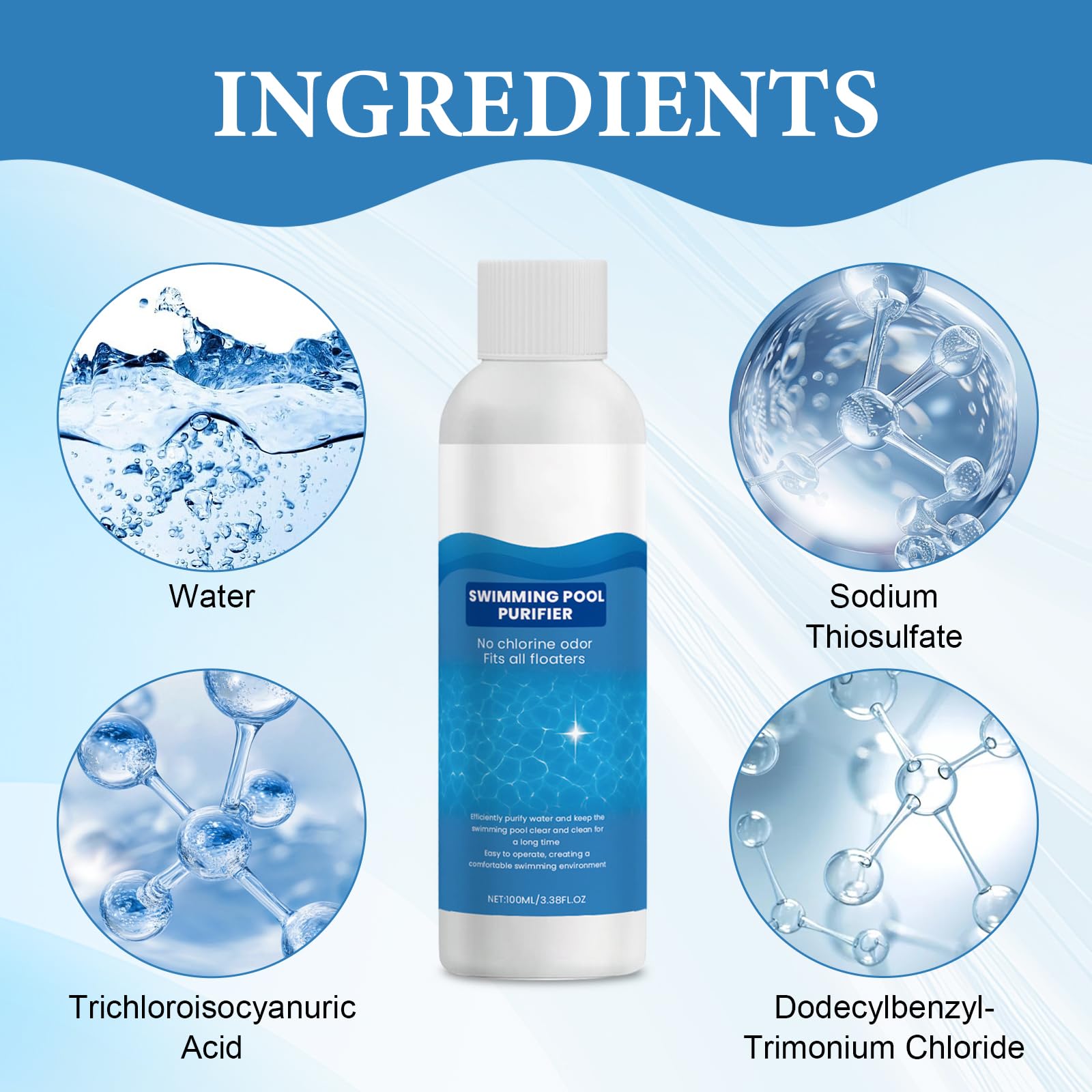 3PCS Swimming Pool Purifier, Sanftes Poolklar, Trübungsentferner Für Kristallklares Wasser, Wasserwechsel-Intervall Verlängern, Für Pools,Planschbecken,Etc, Mit Handschuhe(100ml)