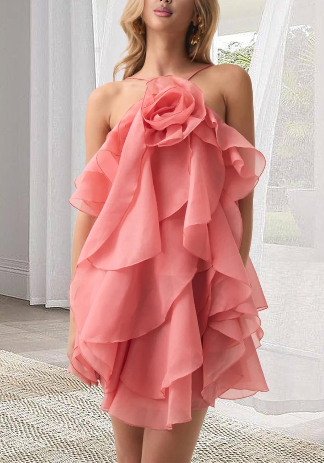 Women's Floral Dress Sexy Halter Ruffle Sleeveless Tiered Dress Elegant Party Dresses Clubwear - Image 5