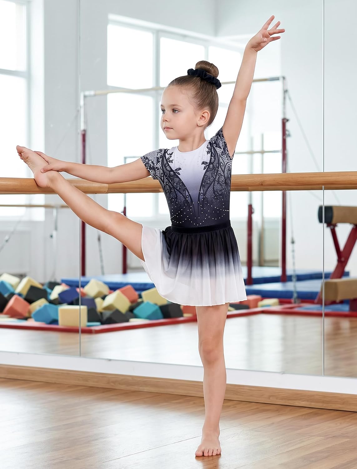 JiAmy Girls Gymnastics Leotards Ballet Dance Outfits Short Sleeve Floral Leotard with Skirt Set for Toddler 5-12 Years