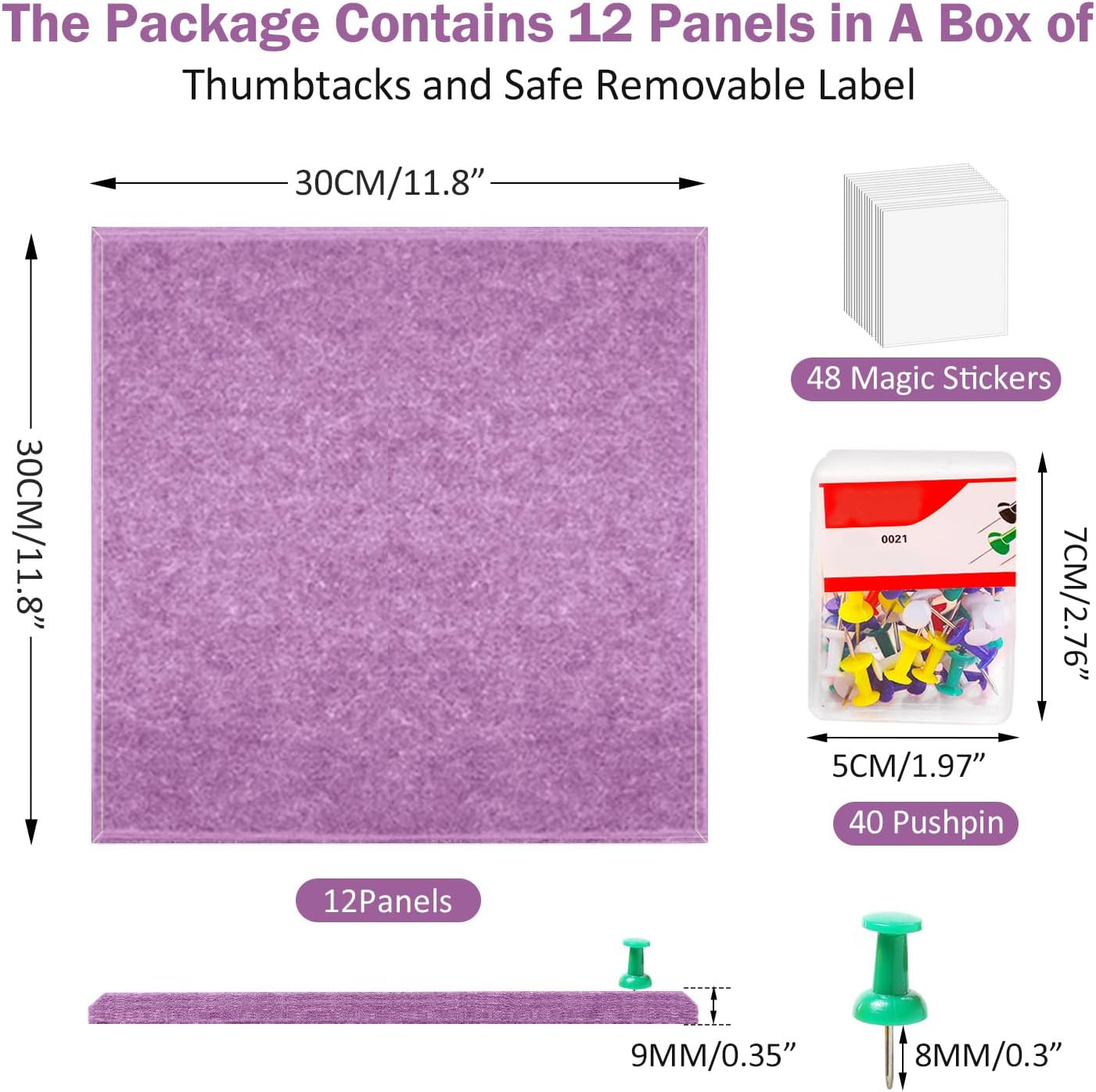 Felt Wall Tiles Bulletin Board with Removable Adhesive, 47"x35" Rose Purple Cork Board Alternative with 40 Push Pins, 12 Pack Large Office Cork Tile Push Board Felt Squares for Walls