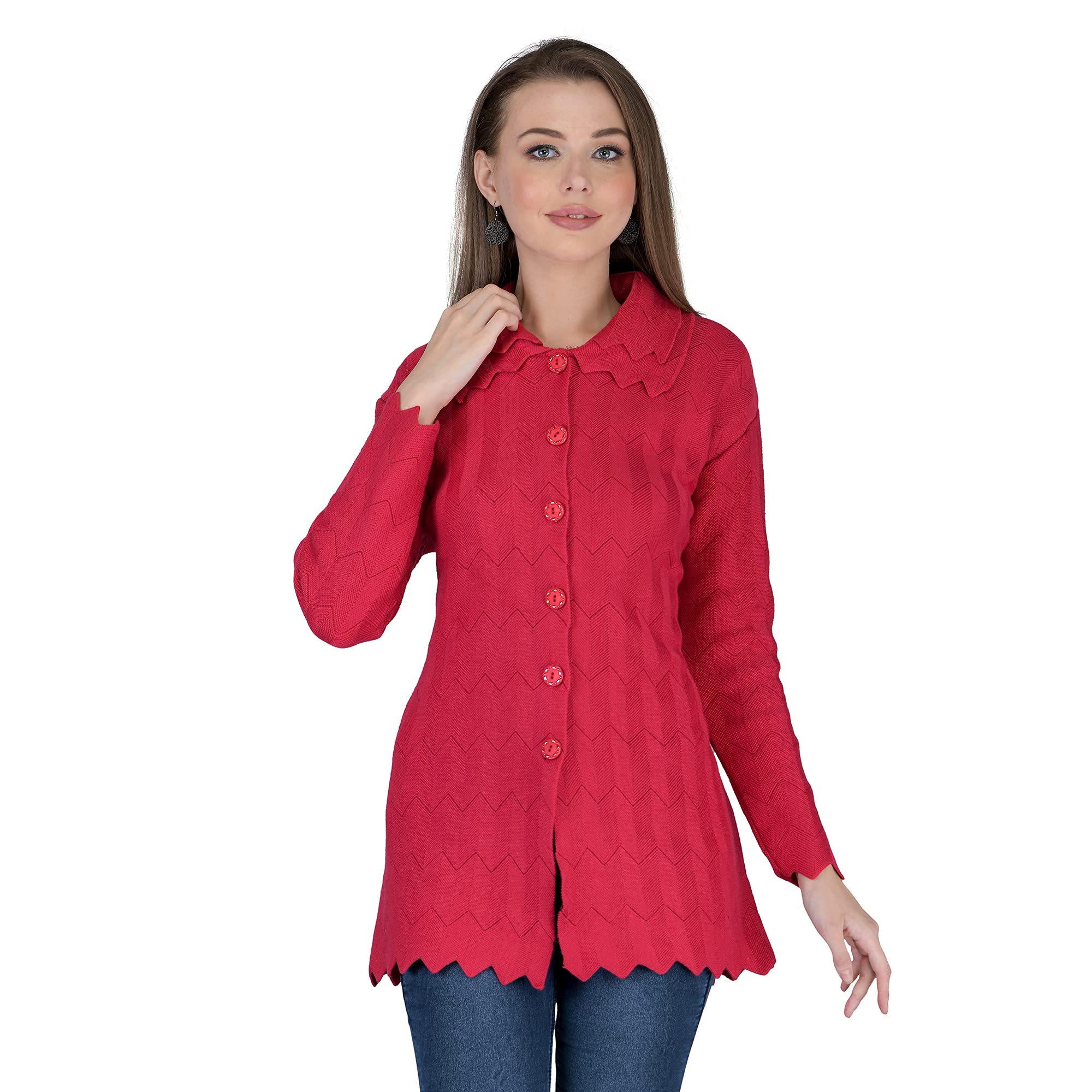 homry LADY WILLINGTON Women's Woolen Double Collar Cardigan - Daffodil Fabric, Winter Warmth, Pure Wool, Free Size, Long, Magenta, M-picture-22
