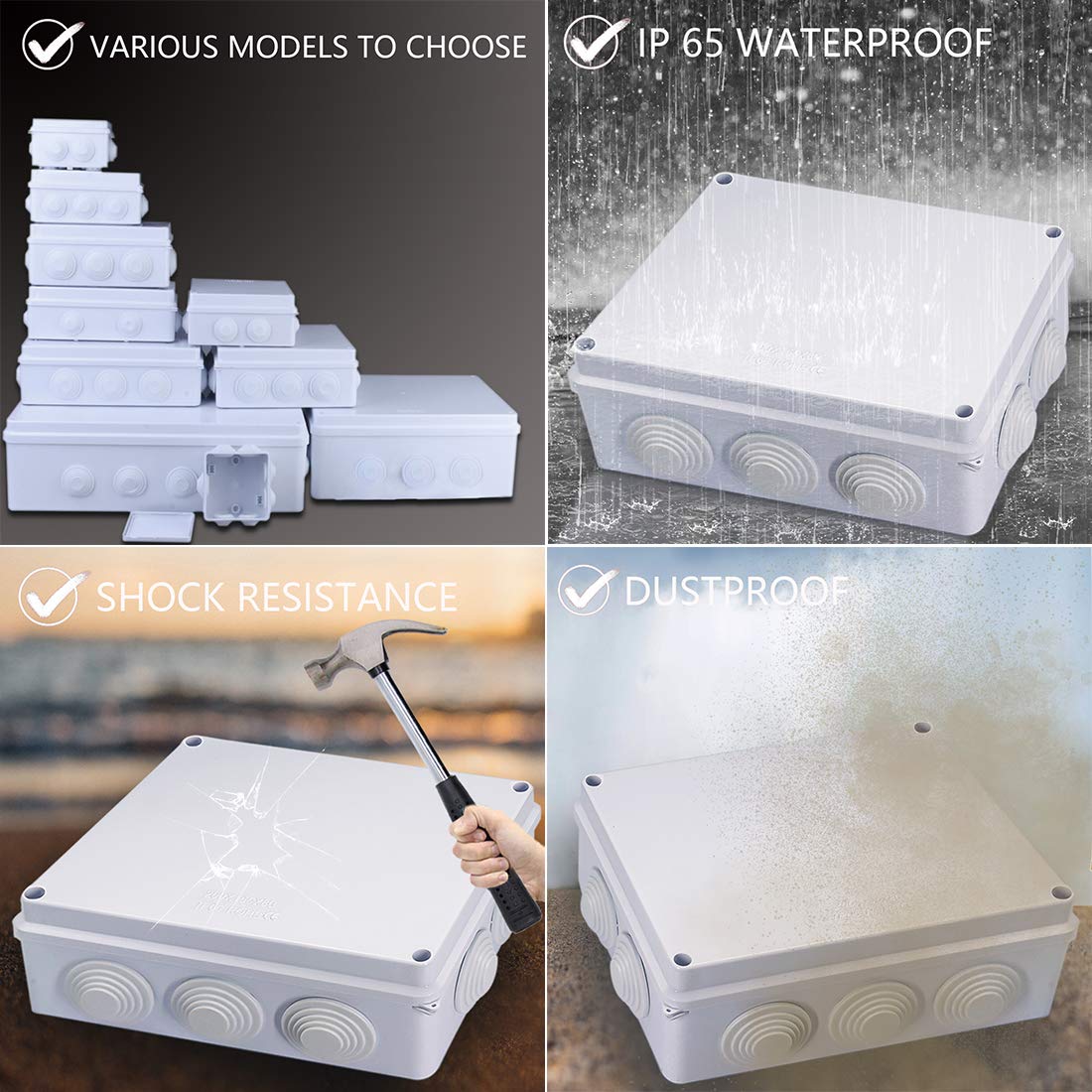 Zulkit Junction Box ABS Plastic Dustproof Waterproof IP65 Universal Electrical Boxes Project Enclosure White 7.9 x 6.1 x 3.1 inch (200 x155 x 80mm)
