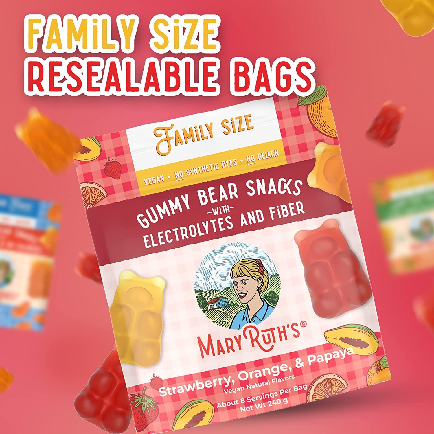 MaryRuth's 3 Pack Gummy Bears Snacks | Delicious Gummies with Electrolytes and Fiber | Gummy Candy Made with Organic Cane Sugar | Variety Pack | Vegan | Gluten Free | Non-GMO | Family Size | 240g