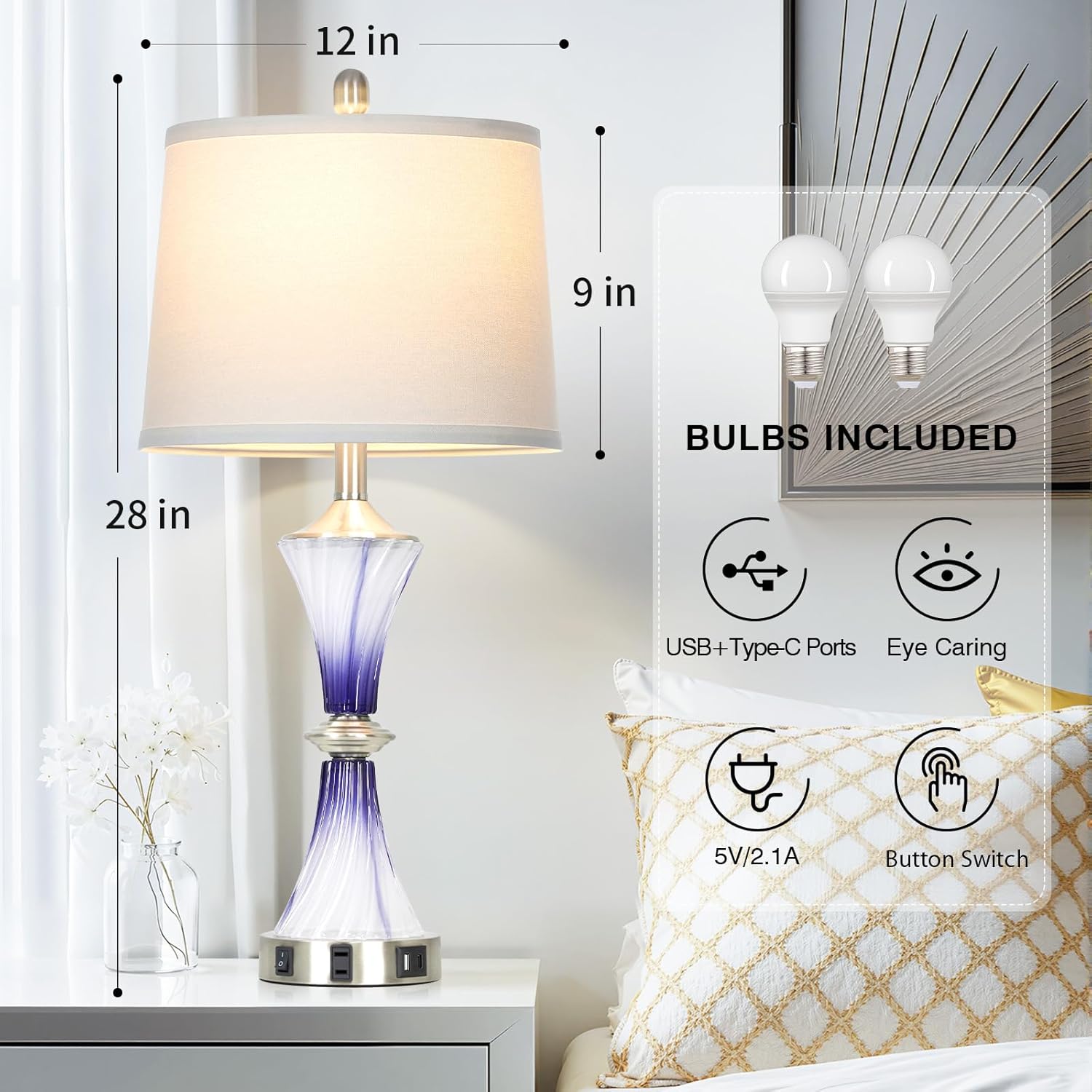 Rinweey Purple Glass Table Lamp Set of 2 with USB C+A Ports & AC Outlet, Bedside Lamp, Modern Bedroom Lamps, Crystal Lamp for Night Stands Bedroom Living Room,Nightstand Lamp LED Bulbs Included