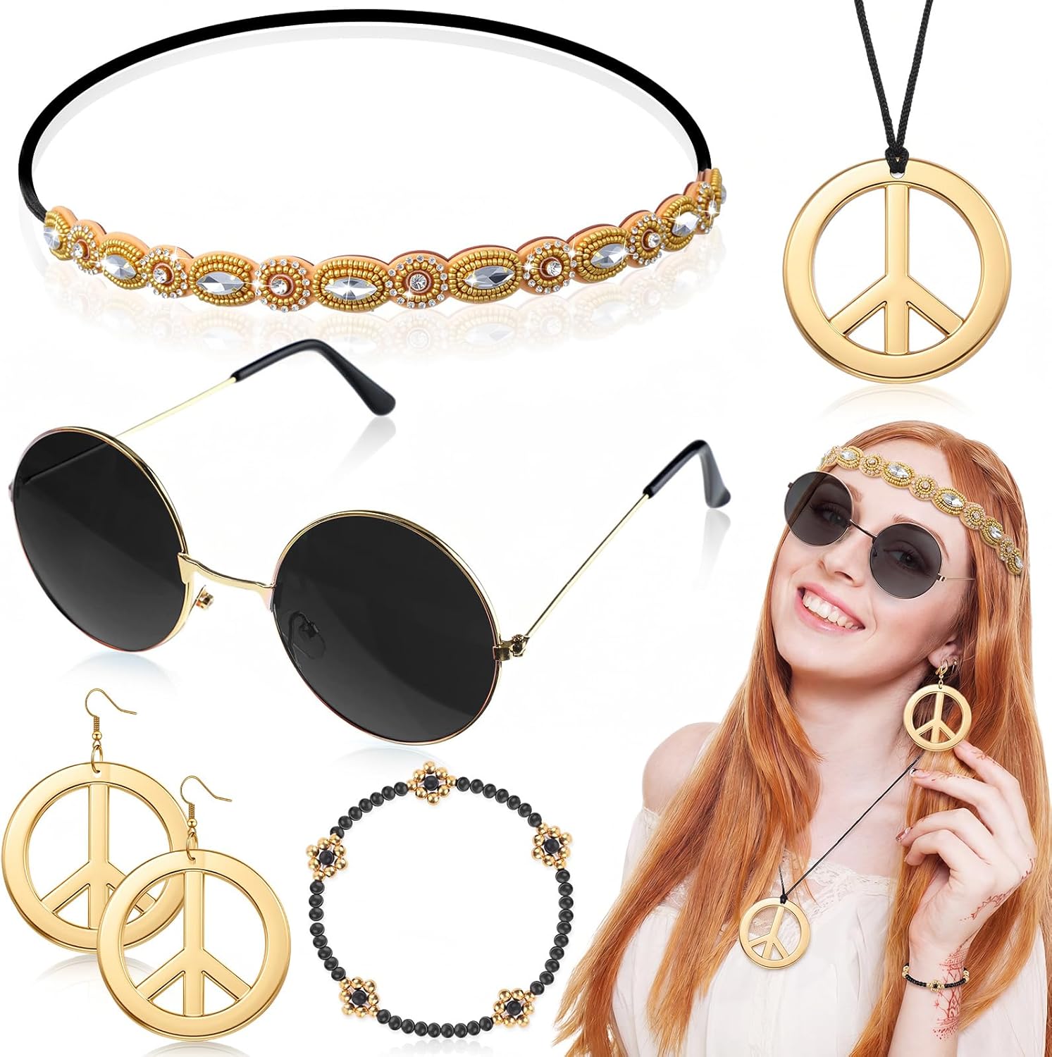 Batiyeer 6 Pcs Hippie Costume Accessories Set, Boho Peace Sign Daisy Flower 60s 70s Party Favors Decor for Groovy Party Women(Orange)