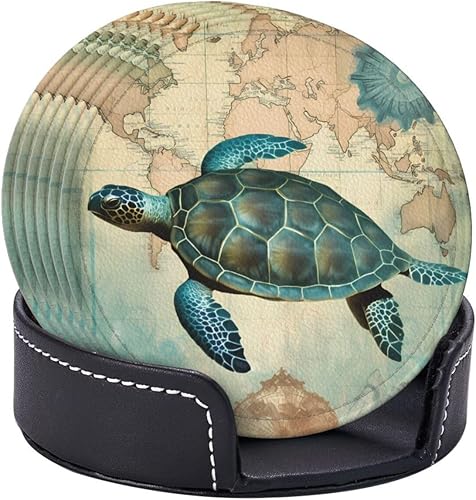 Miniatura 9 de Posavasos vintage de tortuga oceánica para bebidas, posavasos de cuero de animales marinos con soporte, 6 piezas, tapete redondo para mesa, juego de