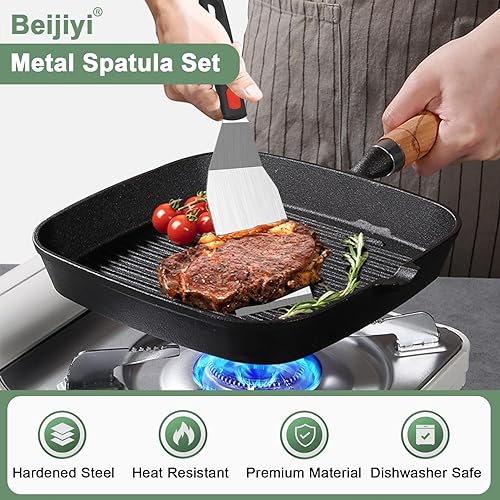 Miniatura 2 de Beijiyi Espátula y tenedor de metal, juego de espátulas de plancha de acero inoxidable con mango resistente al calor y borde biselado, espátula de