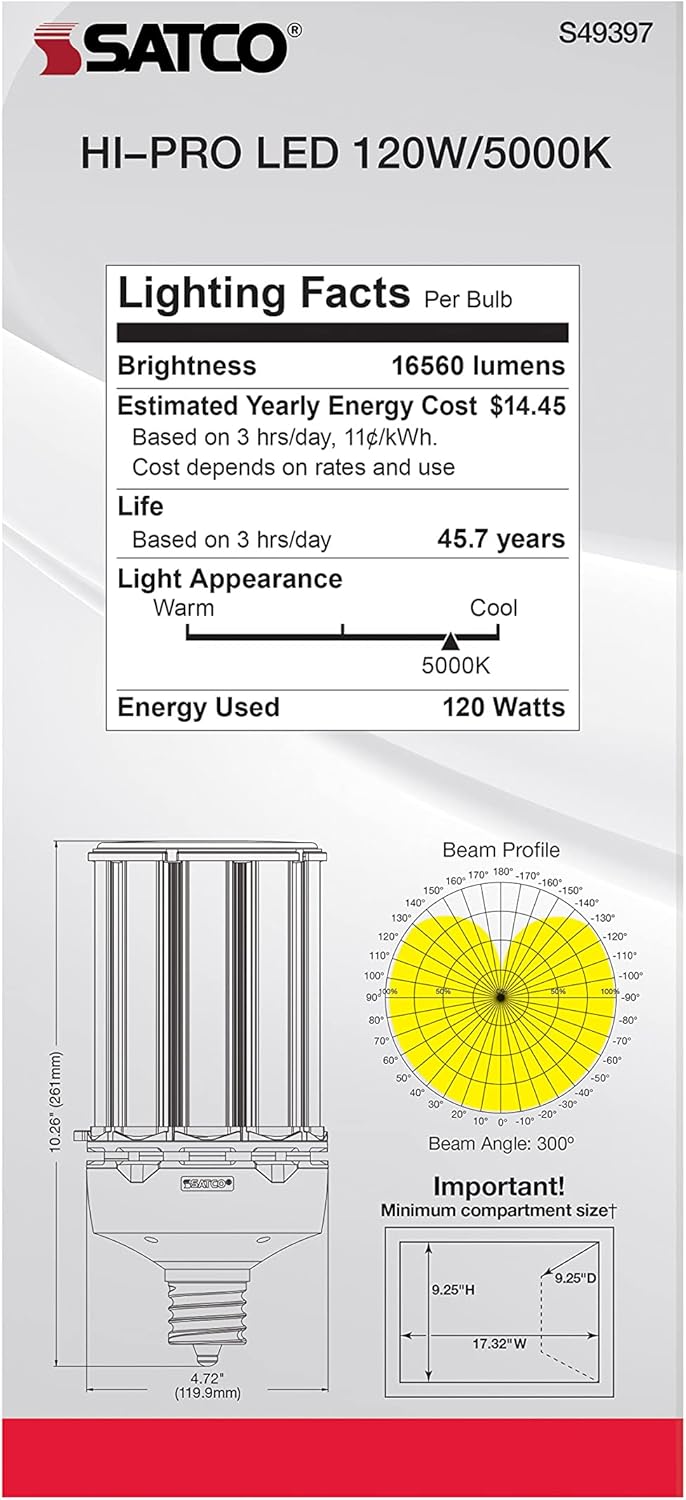 Satco S49397 Hi-Pro Corncob LED HID Light Bulb, Mogul Extended Base, 120W, 120-277V, 35000 Hour Rating, 16560L, 5000K Natural Light