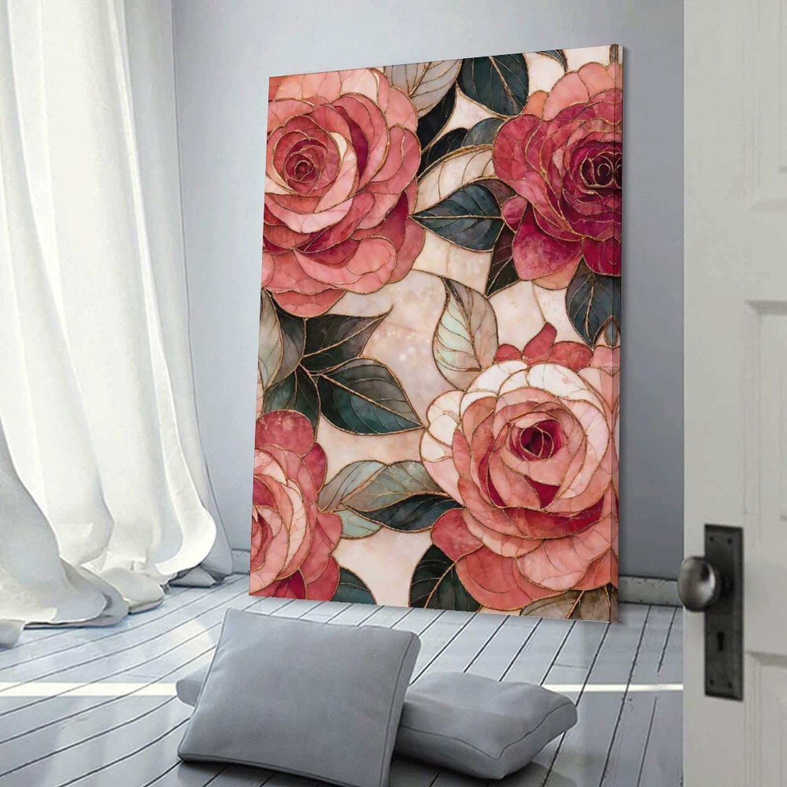 Junmoney Stained Glass Roses And Leaves Hanging Wall Art, 12x18inch(30x45cm), for New Homes, Bedrooms Or Workspaces, Thoughtful Wall Decor for Art Lovers