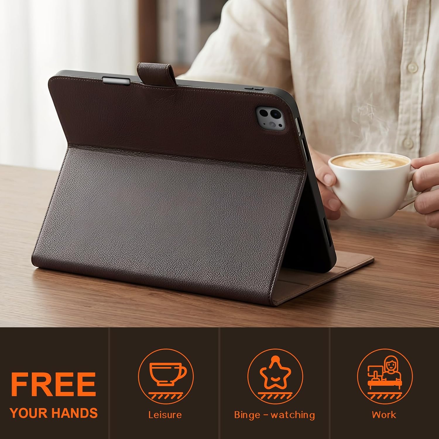 Genuine Leather Case for iPad Pro 13 inch 2024/2025 (M4/M5), Business Folio Cover with Magnetic Pencil Holder, Magnetic Closure, Auto Wake/Sleep, Multiple Viewing Angles - Dark Brown