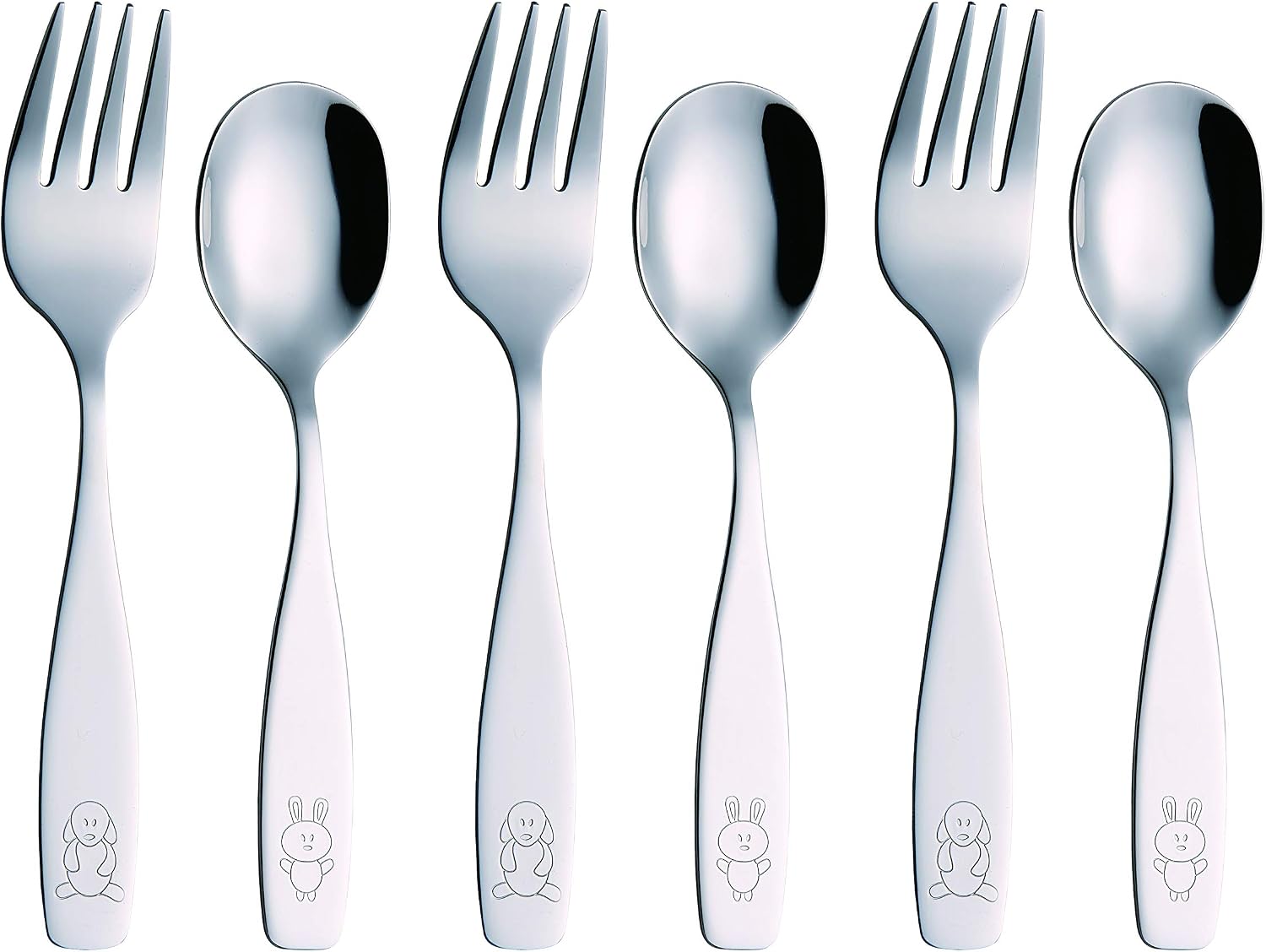 Exzact Children Cutlery 6pcs/ Toddler Kids Fork and Spoon Stainless Steel - 3 x Forks, 3 x Dinner Spoons - Dog & Bunny Engraved (New)