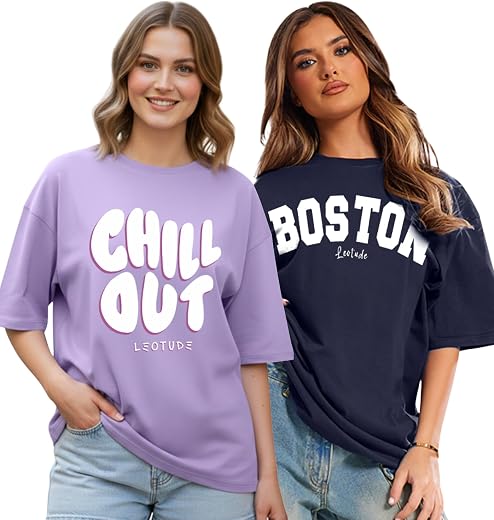 LEOTUDE Womens Oversized Round Neck Cottonblend Half Sleeve T-Shirts (Colour: Multicolor)