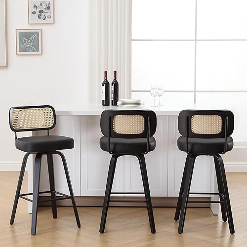 Miniatura 46 de Bekrvio Juego de 3 taburetes de bar giratorios de altura de mostrador, taburetes de bar tapizados de piel sintética con respaldo de ratán, sillas de