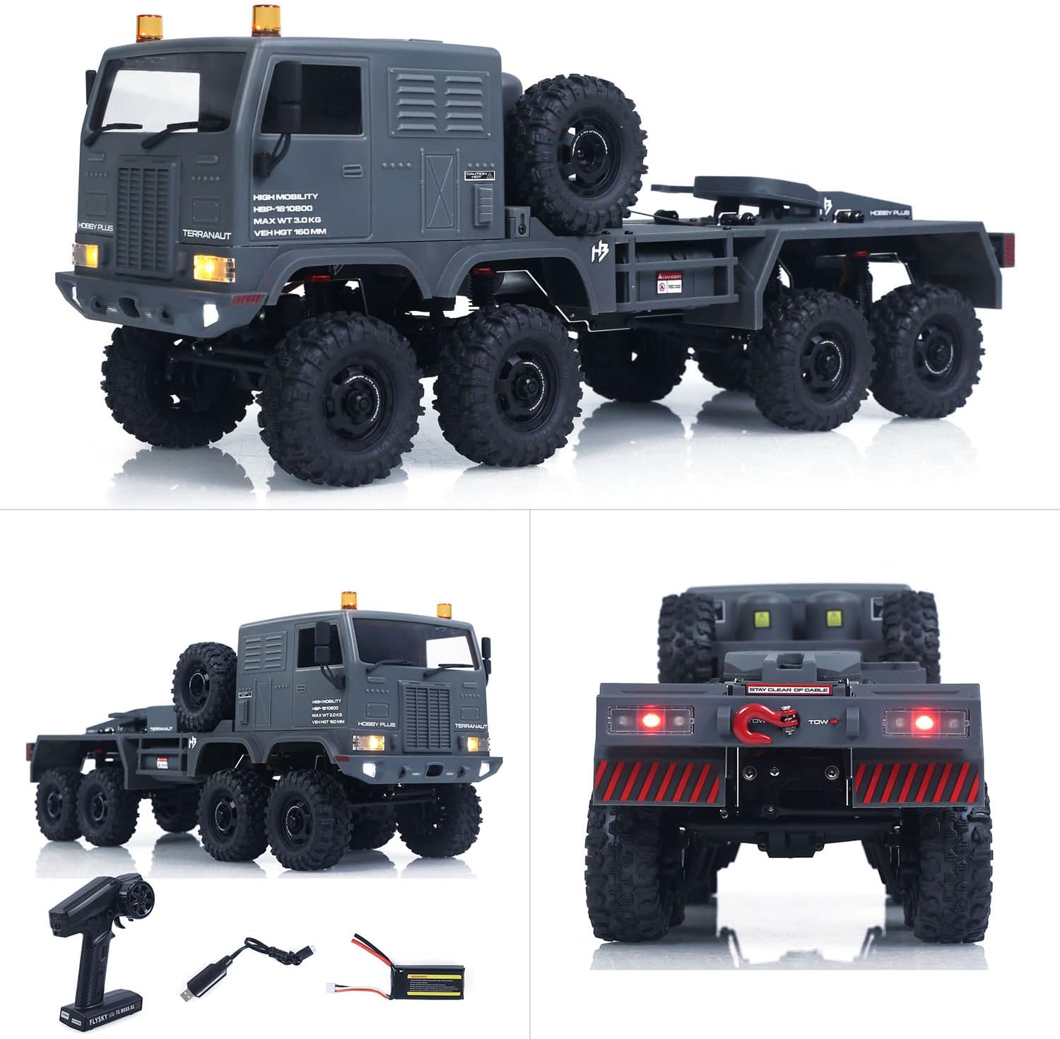 TOUCAN RC HOBBY US in Stock 1/18 Remote Control Military Truck 8X8 All Wheel Steering Electric RC Off Road Vehicle Model 2Speed Gearbox RTR Metal Chassis (Grey)