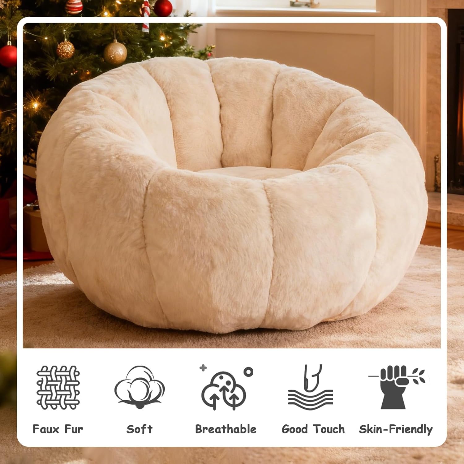 White Single Sofa Chair, Plush Bean Bag Sofa & Cloud Single Couch for Living Room, Boneless Faux Fur Floor Sofas & Fluffy Foam Bean Bag Chair for Bedroom, Small Space, Apartment