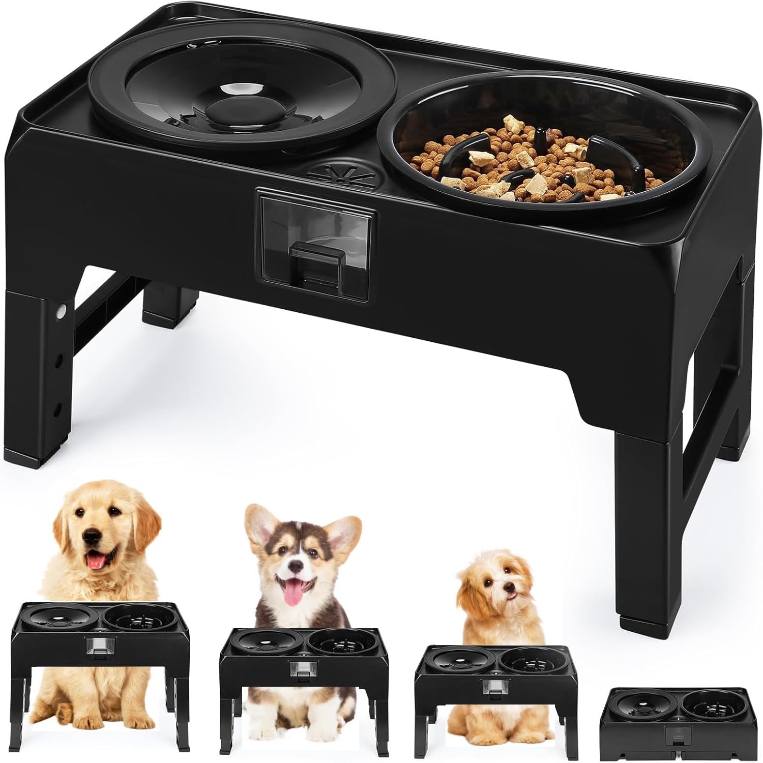 PETTOM Comedero Perro Elevado Ajustable 4 Alturas, Comedero Perro Antivoracidad de 1100ml y 1 Comederos para Perros Acero 2100ml para Perros Pequeños, Medianos y Grandes, Negro