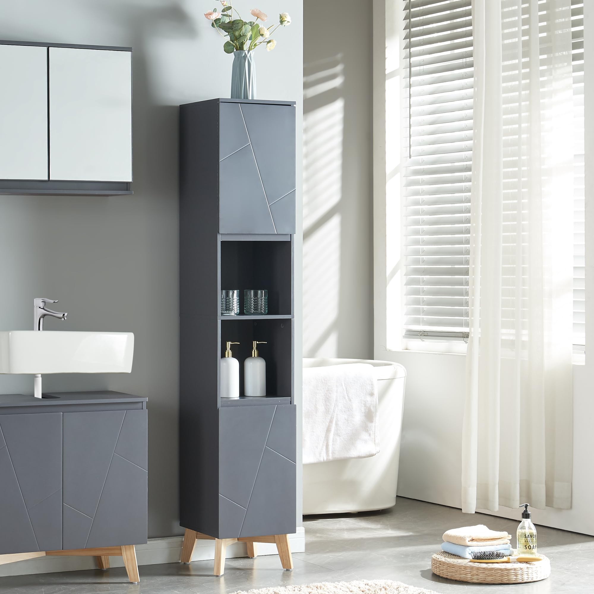 [en.casa] Columna de Baño con 2 Compartimetos Abiertos y Cerrados Armario Alto Mueble Auxiliar Baño con 2 Puertas MDF + Aglomerado Patas de Pino 160 x 30 x 30 cm - Gris y Color Madera