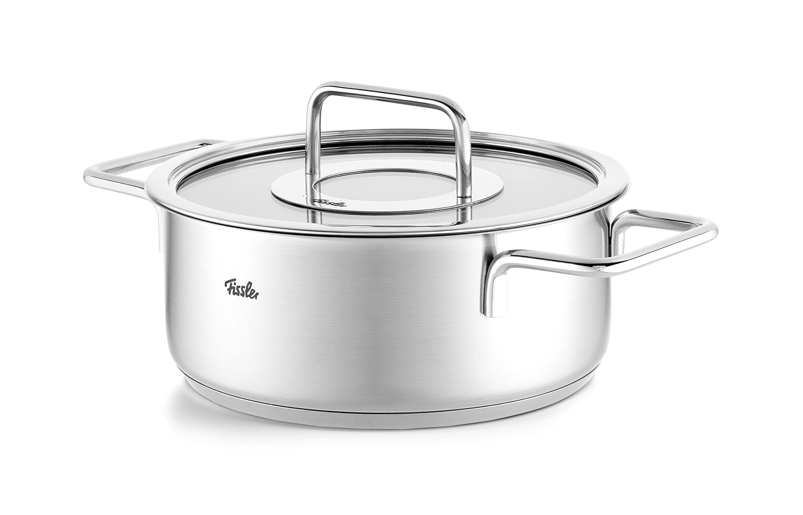 Fissler Pure Collection Rustidera de 3,9 L y 24 cm de Diámetro, Acero Inoxidable, con Tapadera de Vidrio, Escala de Medición Interior, Inducción