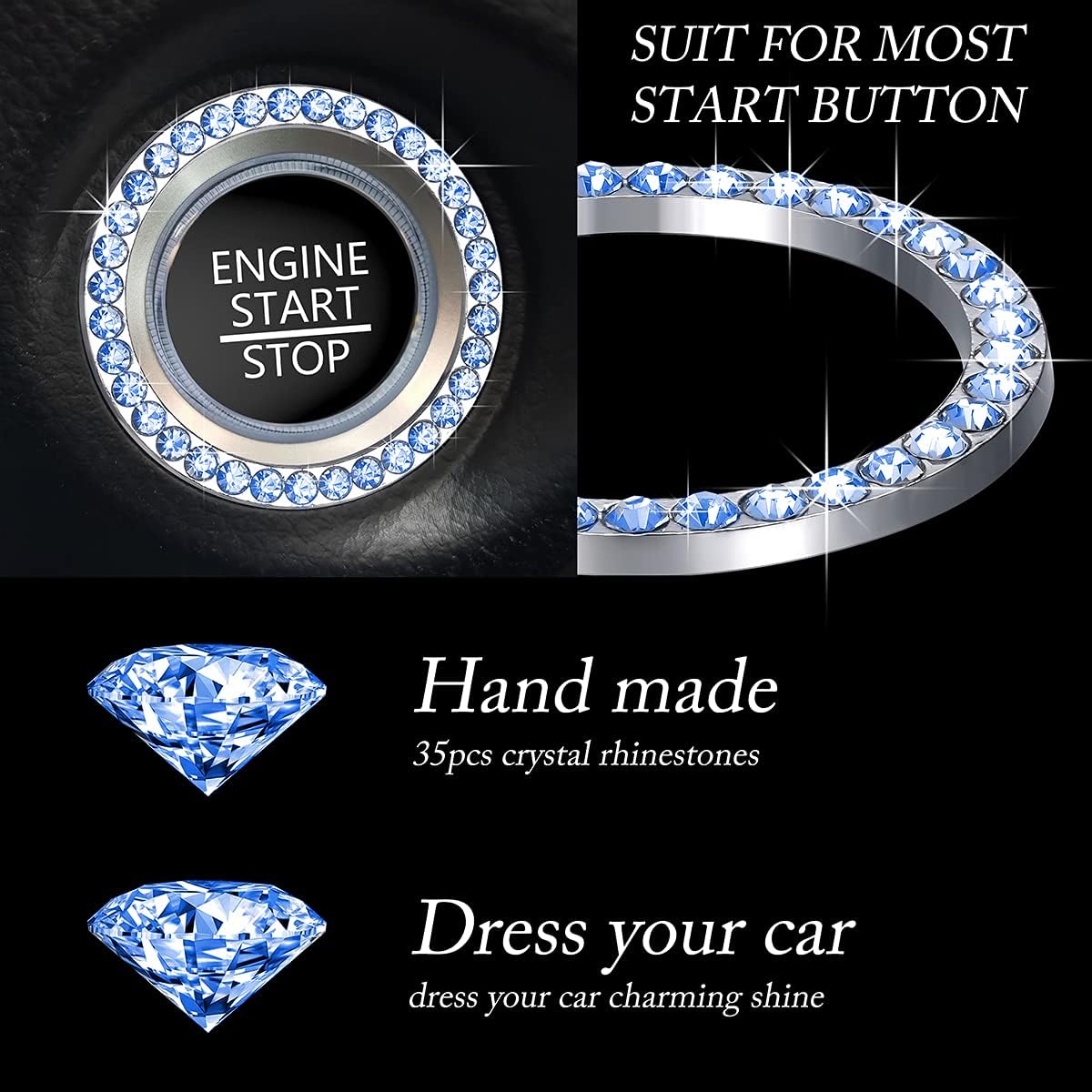 Gprfrvea 2Pcs Personality Car Interior Emblem Crystal Ring Sticker, Auto Engine Start Stop Decor Crystal Interior Ring Decal for Vehicle Ignition Button (blue-2pcs)
